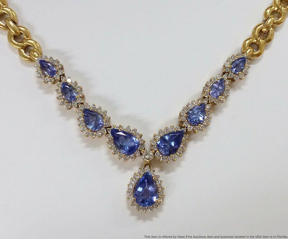 Pear Cut Amazing 18k Gold 2ctw Tanzanite Fine Diamond Halo 9.32ctw Necklace Vintage For Sale