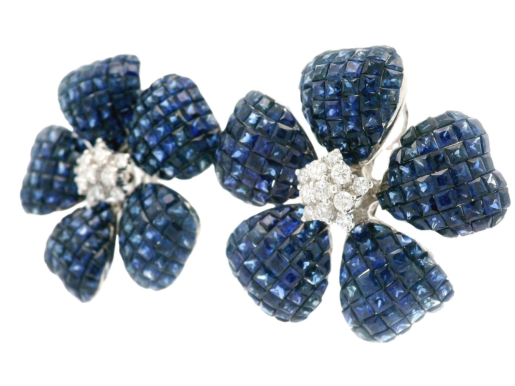 Square Cut Amazing 18k Gold Sapphire & Diamond Mystery Invisible Set Large Flower Earrings For Sale