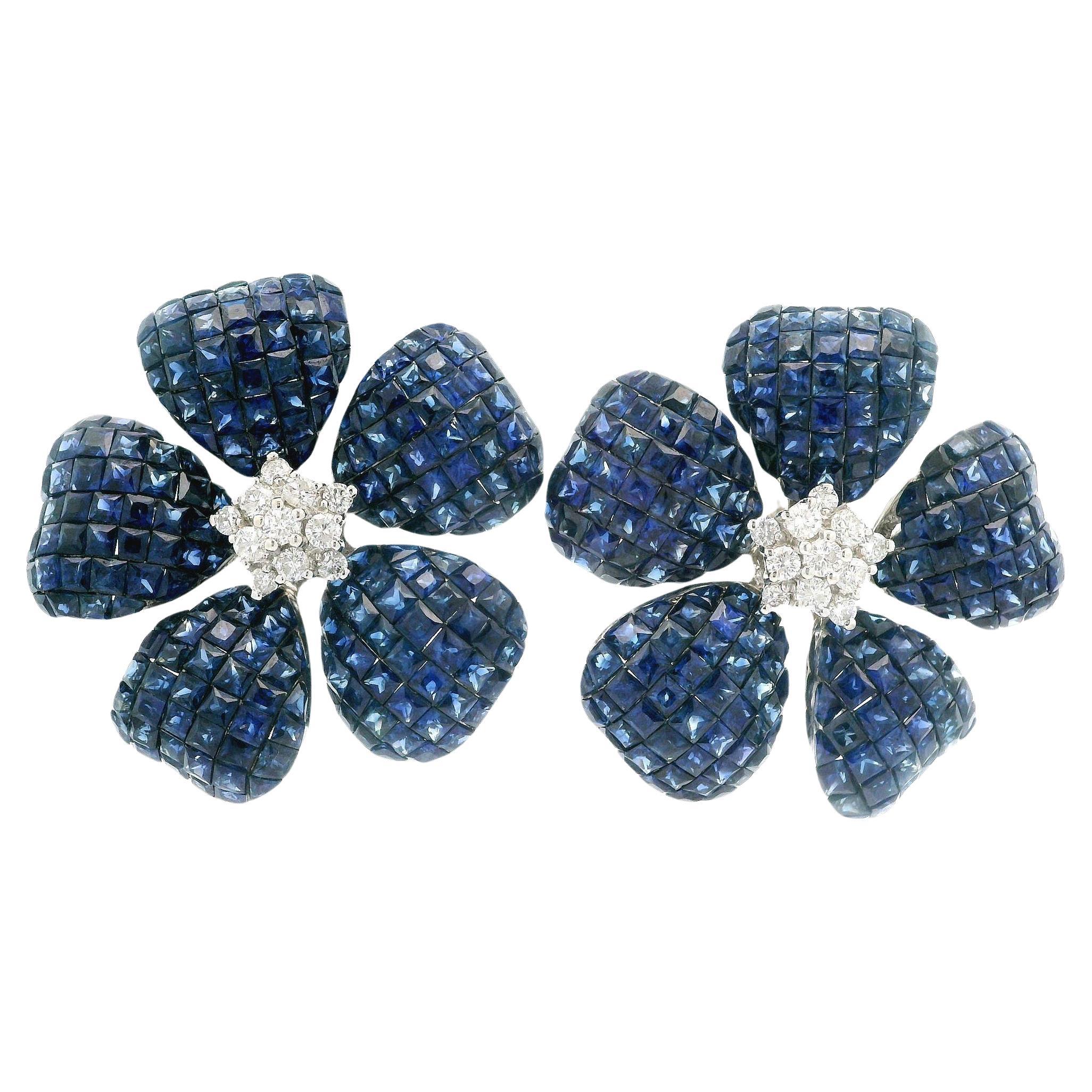 Amazing 18k Gold Sapphire & Diamond Mystery Invisible Set Large Flower Earrings For Sale