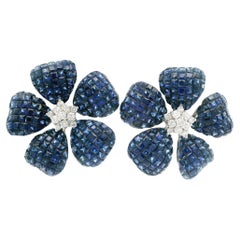 Amazing 18k Gold Sapphire & Diamond Mystery Invisible Set Large Flower Earrings