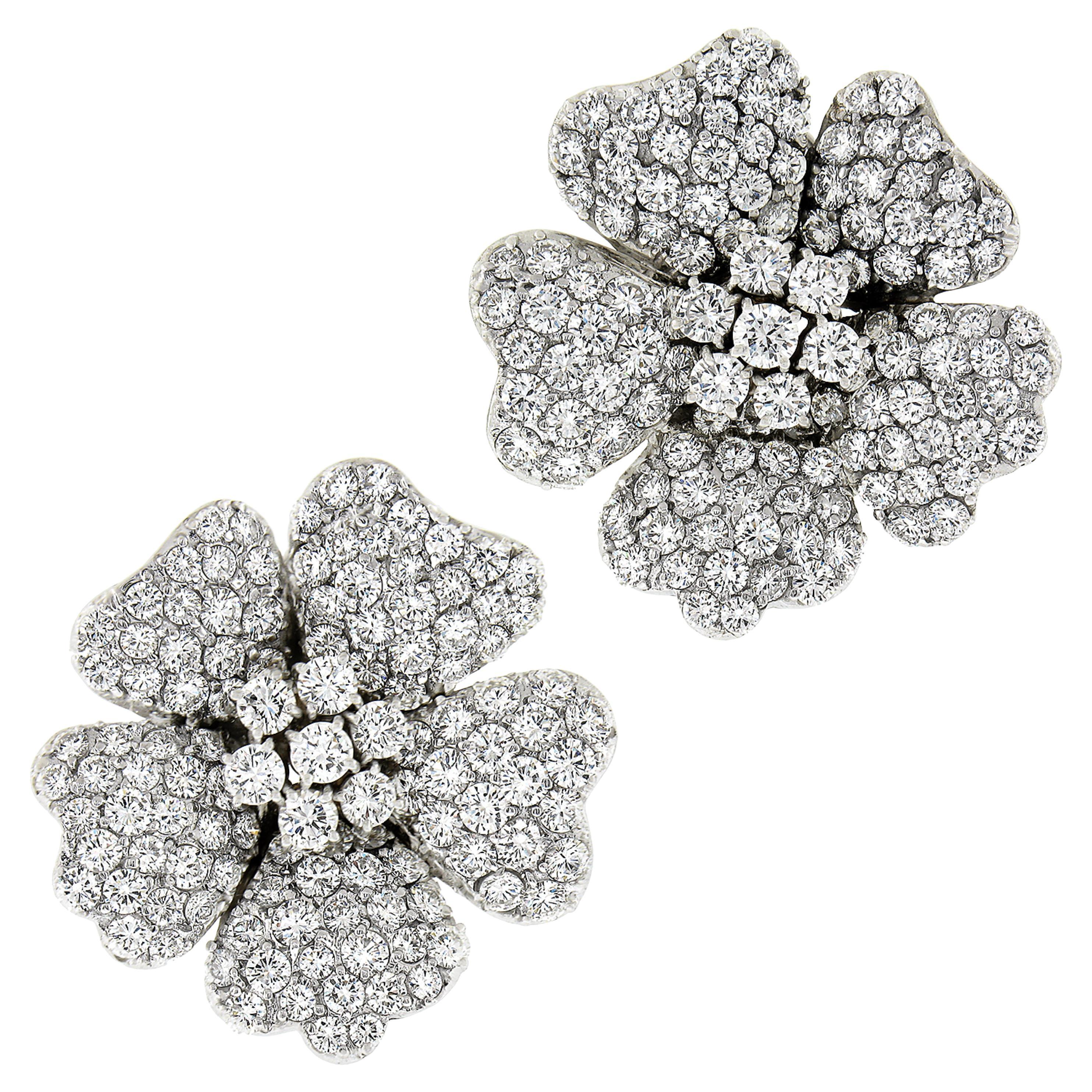 Amazing 18k White Gold 16ctw Diamond Drenched Large Substantial Flower Earrings