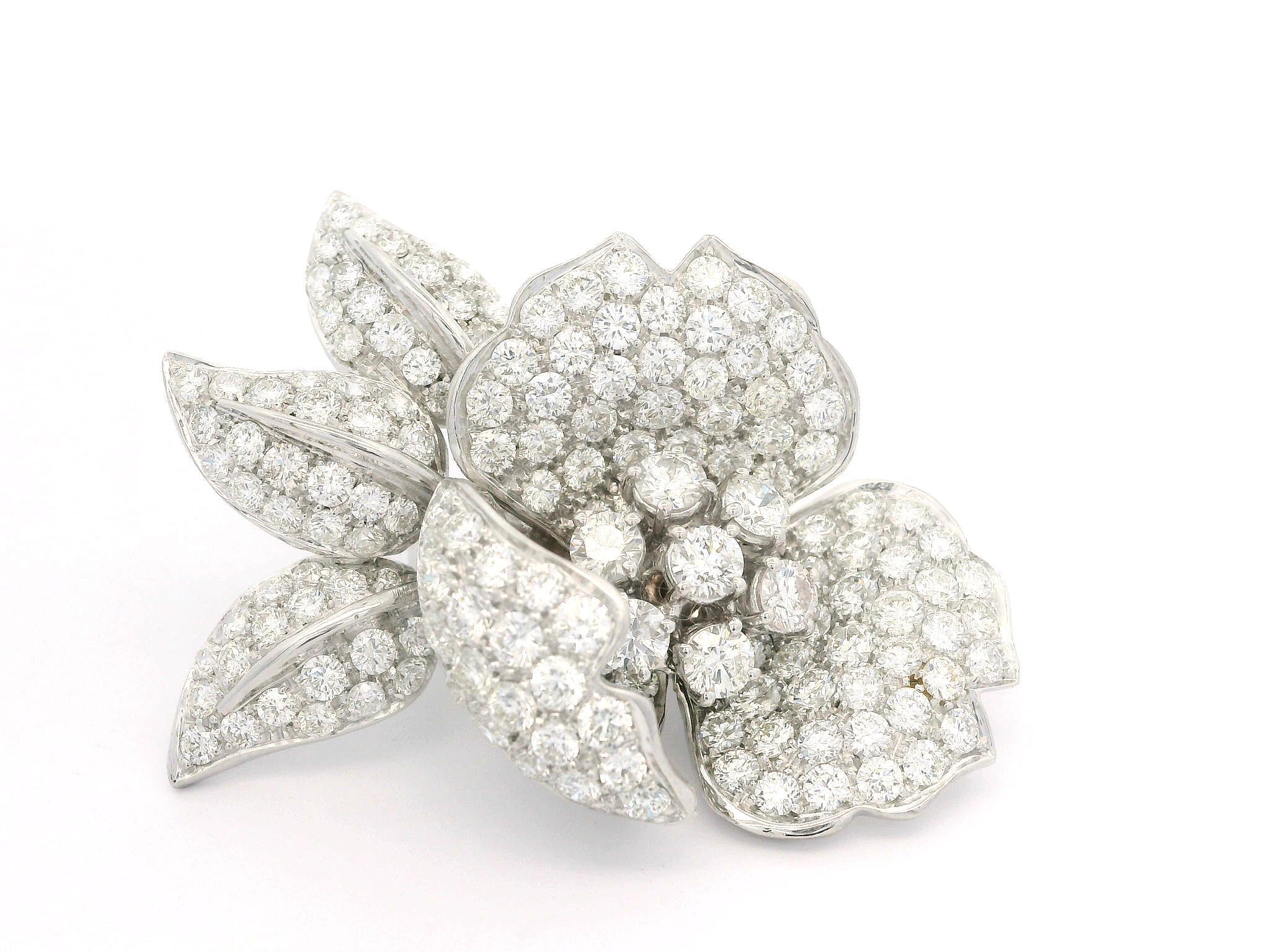 Women's Amazing 18k White Gold 16ctw Round Diamond Covered Large Flower Omega Earrings For Sale