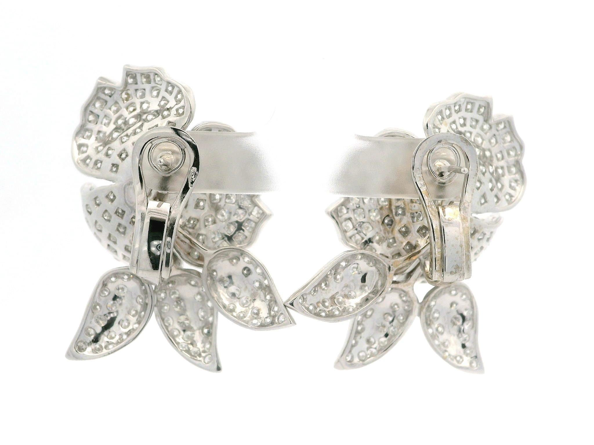 Amazing 18k White Gold 16ctw Round Diamond Covered Large Flower Omega Earrings For Sale 1