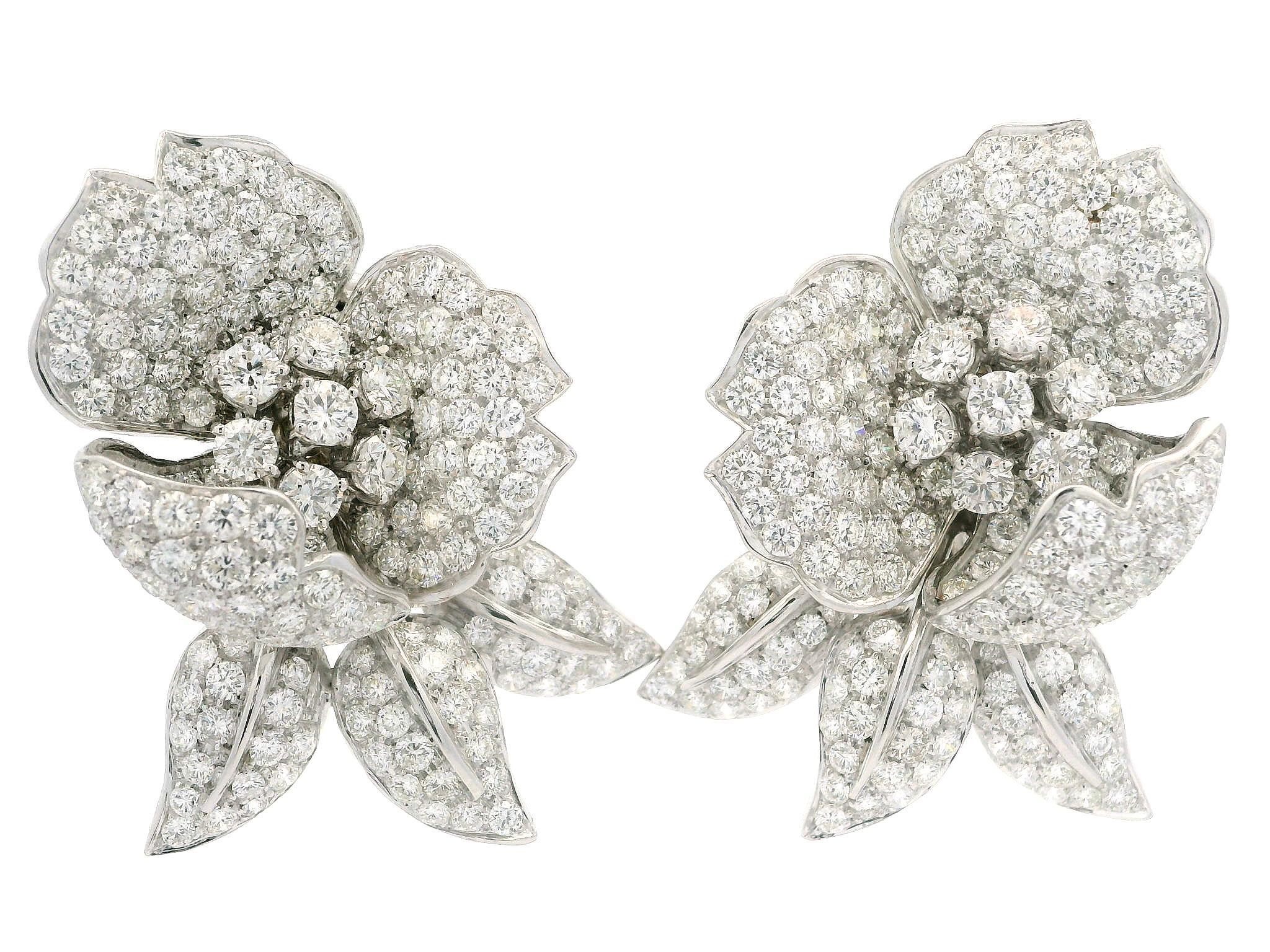 Amazing 18k White Gold 16ctw Round Diamond Covered Large Flower Omega Earrings For Sale 3