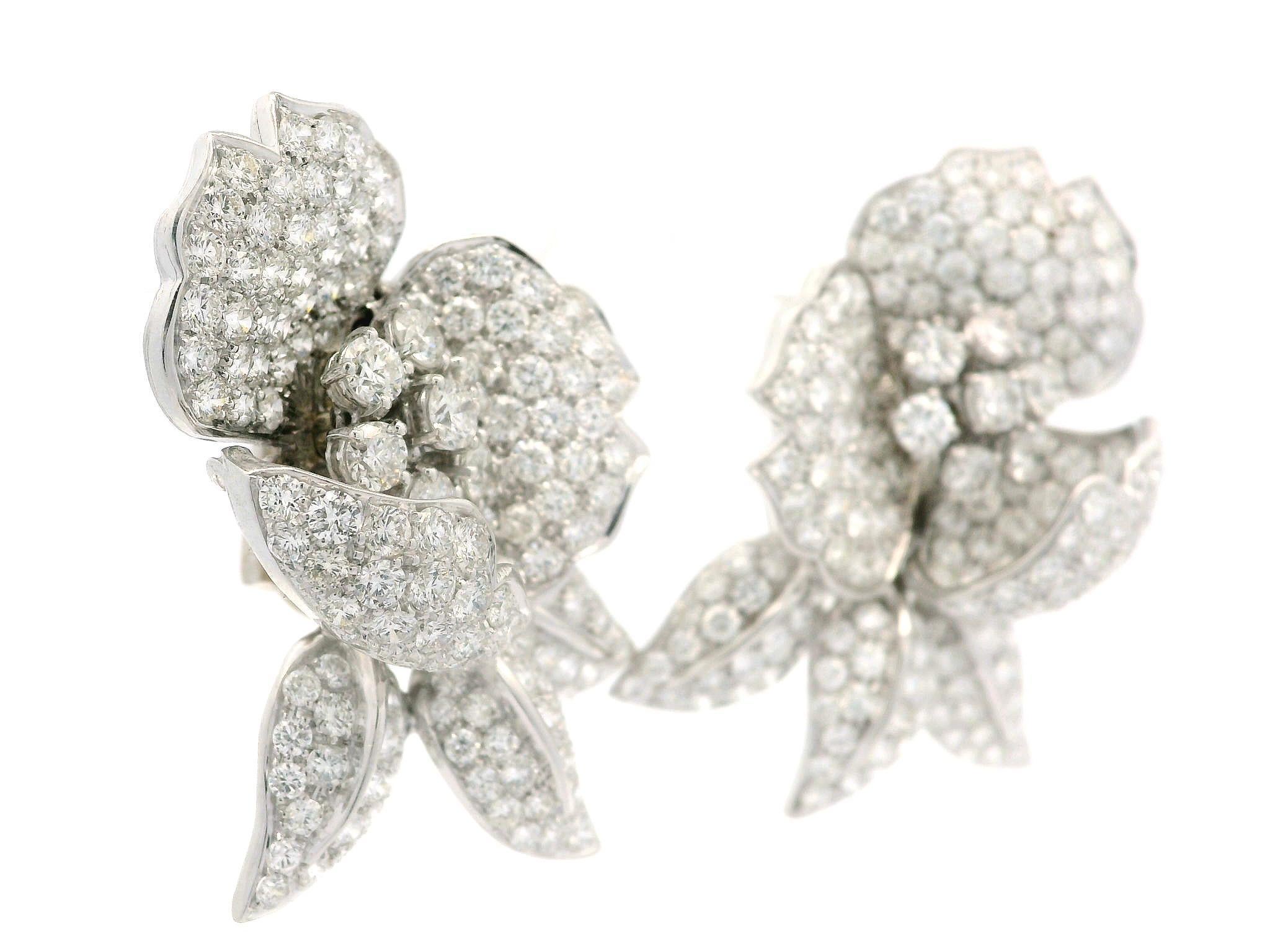 Amazing 18k White Gold 16ctw Round Diamond Covered Large Flower Omega Earrings For Sale 4