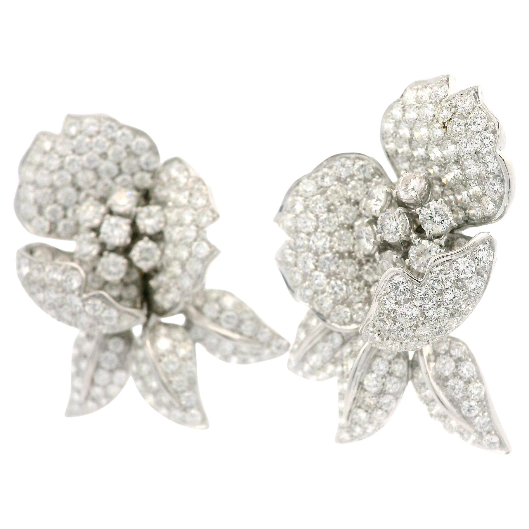 Amazing 18k White Gold 16ctw Round Diamond Covered Large Flower Omega Earrings