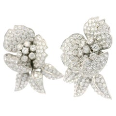 Amazing 18k White Gold 16ctw Round Diamond Covered Large Flower Omega Earrings