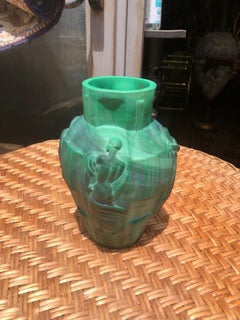 Amazing 1940, Art Deco Czech Green Glass  Vase, Decorated with Female Figures