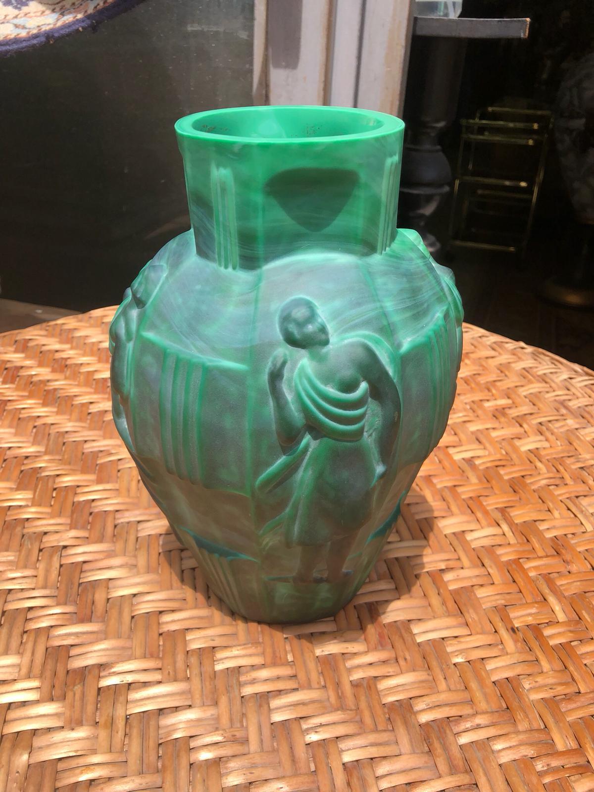 Mid-20th Century Amazing 1940, Art Deco Czech Green Glass  Vase, Decorated with Female Figures