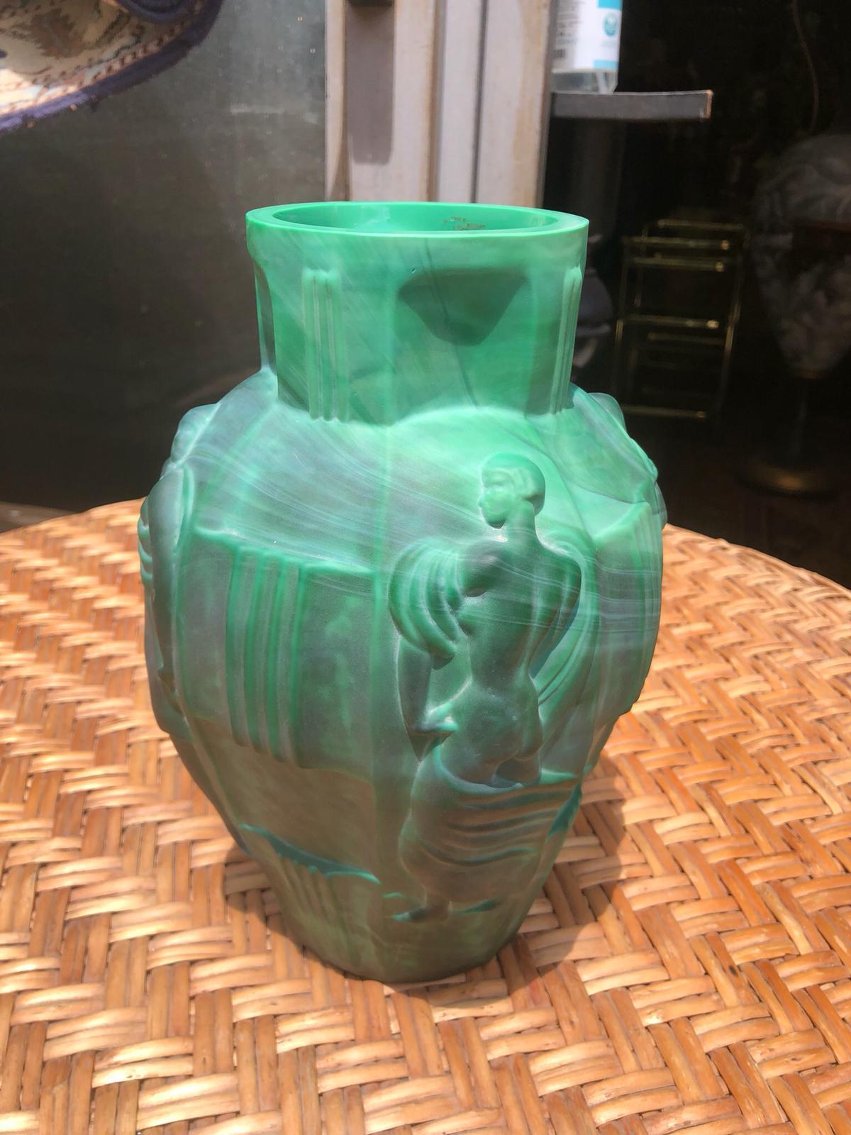 Amazing 1940, Art Deco Czech Green Glass  Vase, Decorated with Female Figures 1