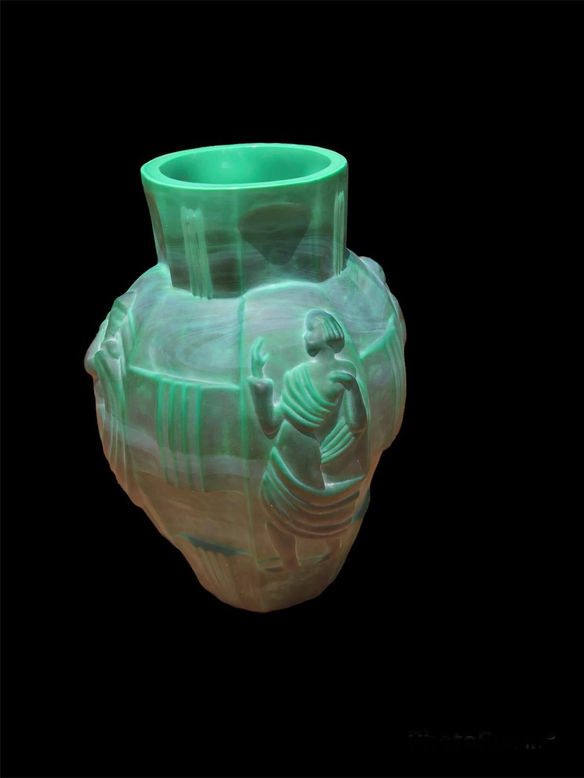 Amazing 1940, Art Deco Czech Green Glass  Vase, Decorated with Female Figures 4