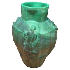 Amazing 1940, Art Deco Czech Green Glass  Vase, Decorated with Female Figures
