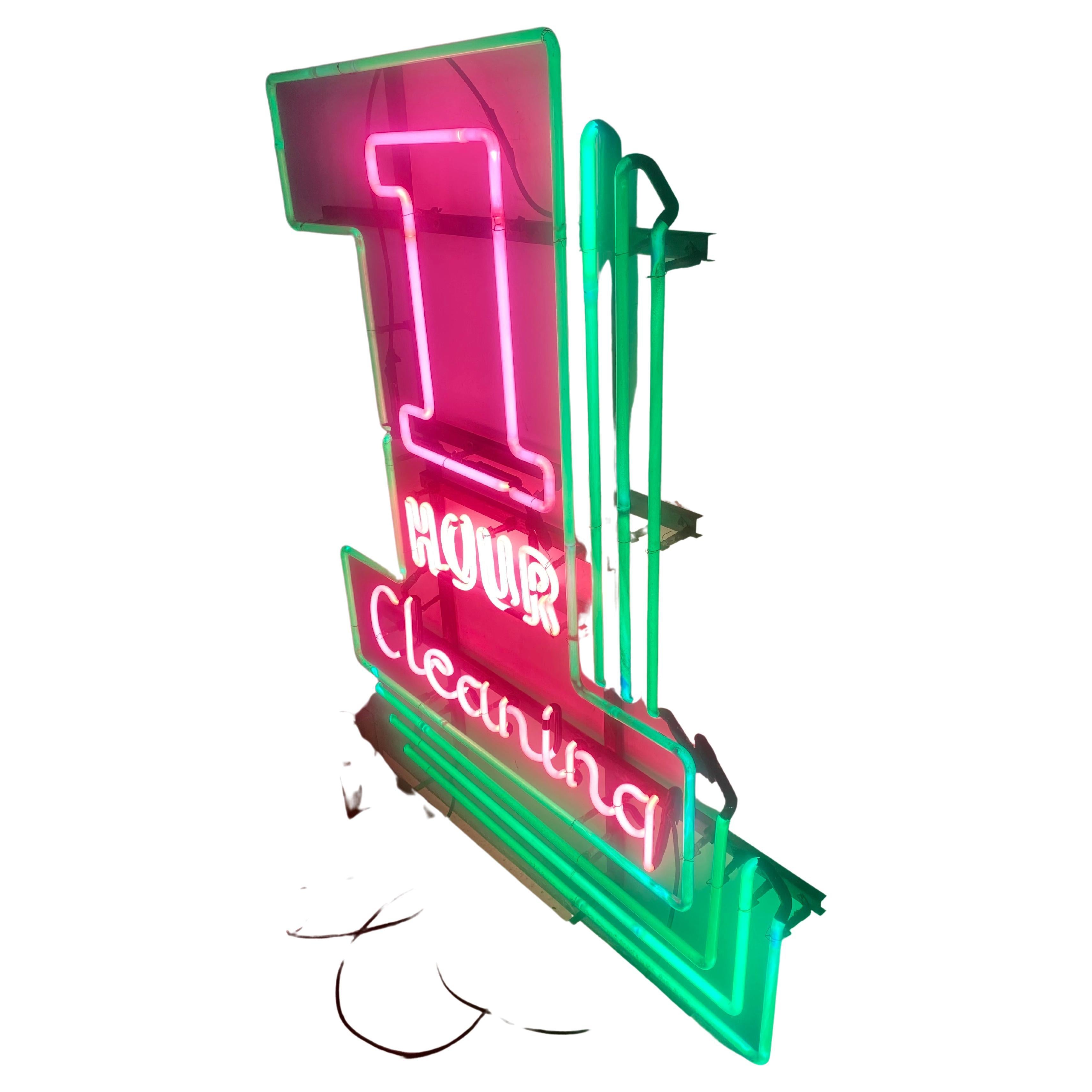 Amazing 1940s-50s Neon Sign "1 Hour Cleaners" Modernist / Art Deco