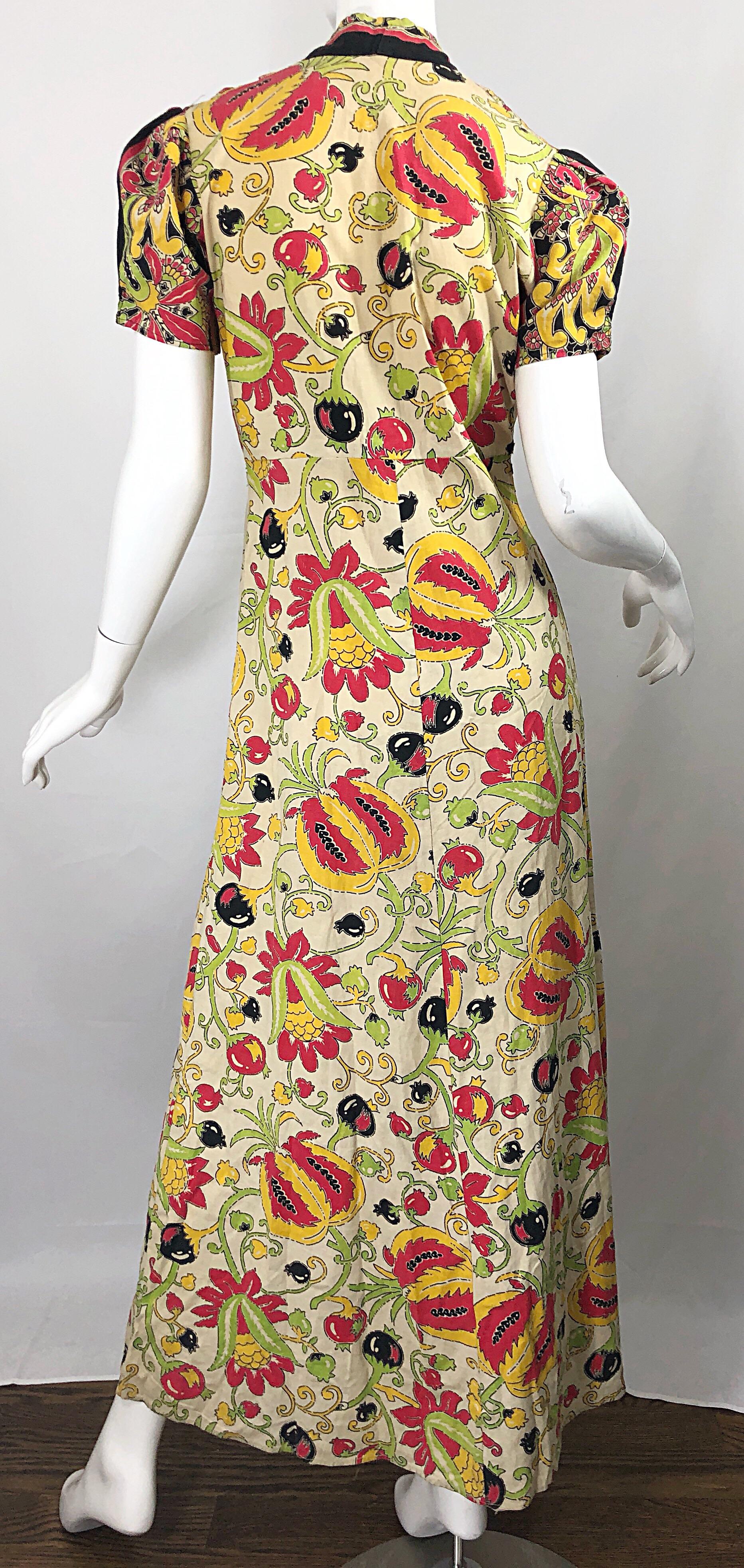 Amazing 1940s Botanical Asian Inspired Paisley Cotton + Linen 40s Maxi Dress For Sale 2