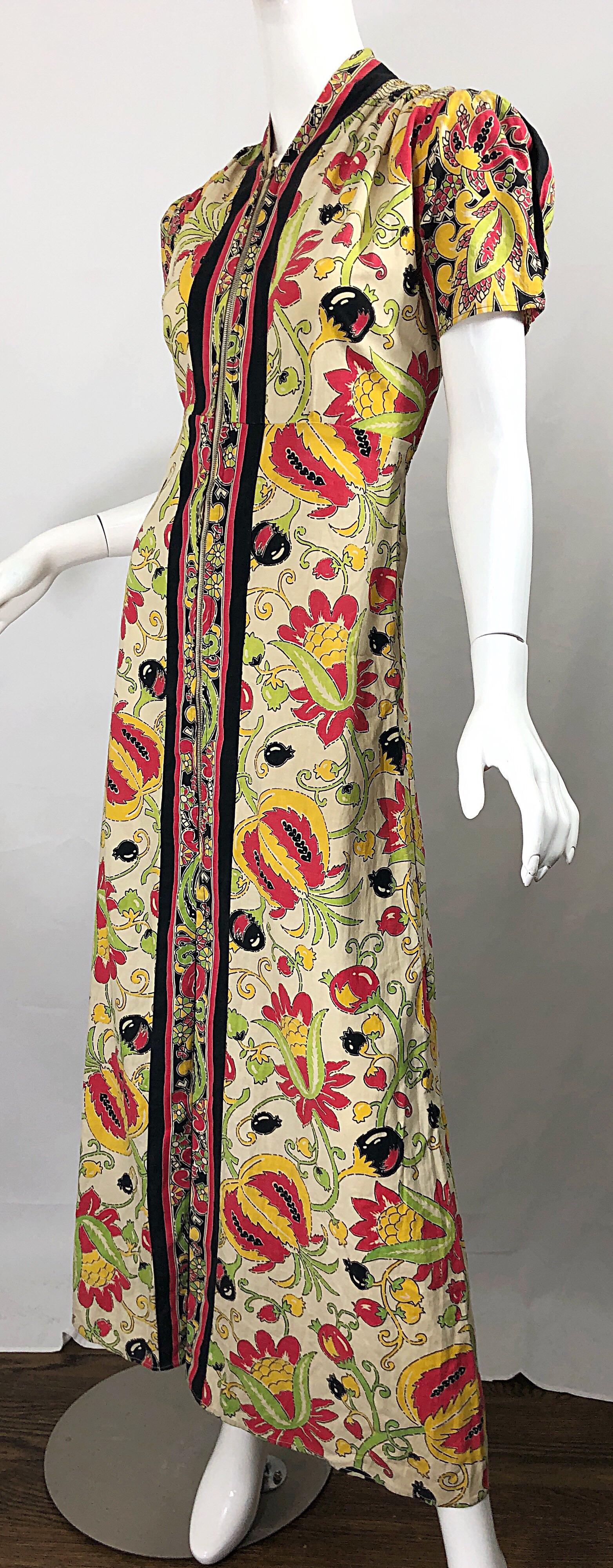 Amazing 1940s Botanical Asian Inspired Paisley Cotton + Linen 40s Maxi Dress For Sale 3