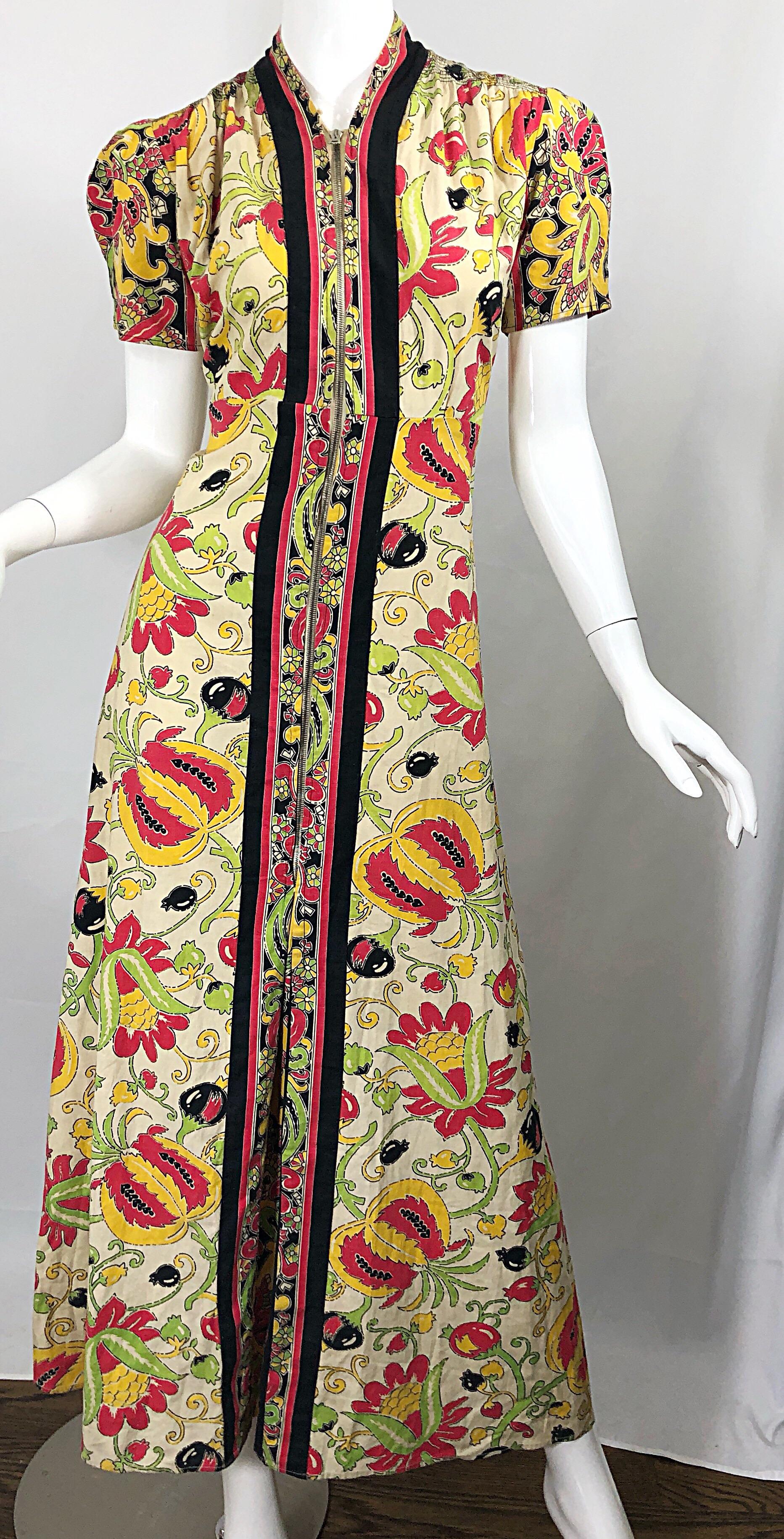 Amazing 1940s Botanical Asian Inspired Paisley Cotton + Linen 40s Maxi Dress For Sale 4