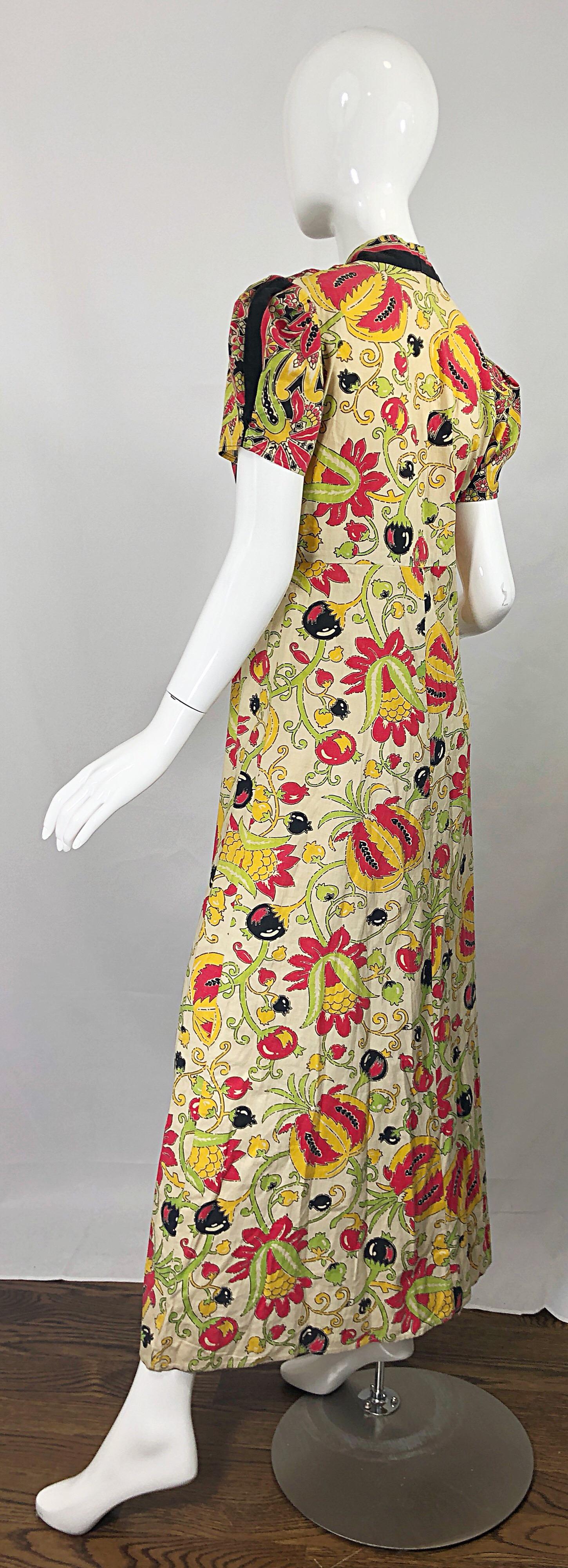 Amazing 1940s Botanical Asian Inspired Paisley Cotton + Linen 40s Maxi Dress For Sale 5