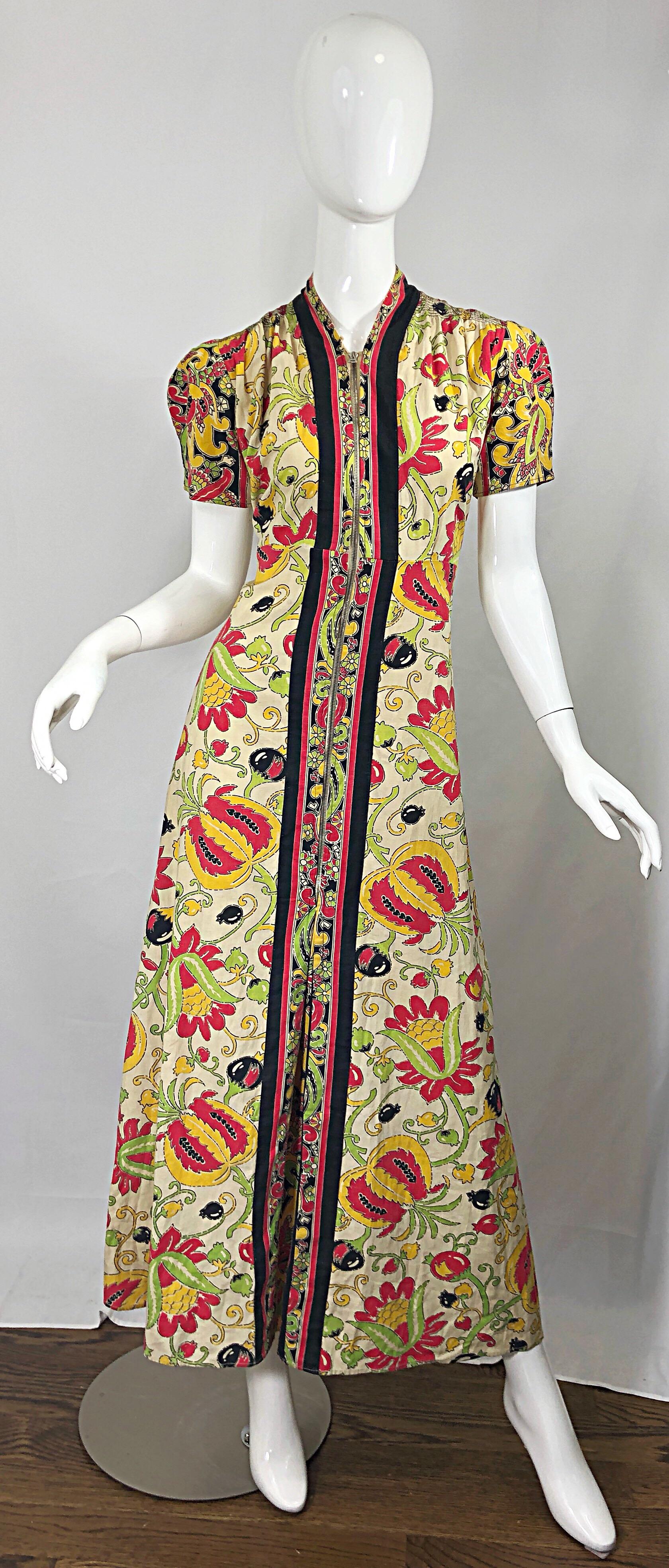 Amazing 1940s Botanical Asian Inspired Paisley Cotton + Linen 40s Maxi Dress For Sale 6