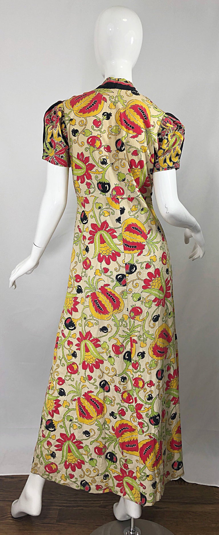 Amazing 1940s Botanical Asian Inspired Paisley Cotton + Linen 40s Maxi Dress Amazing 1940s Botanical Asian Inspired Paisley Cotton + Linen 40s Maxi Dress