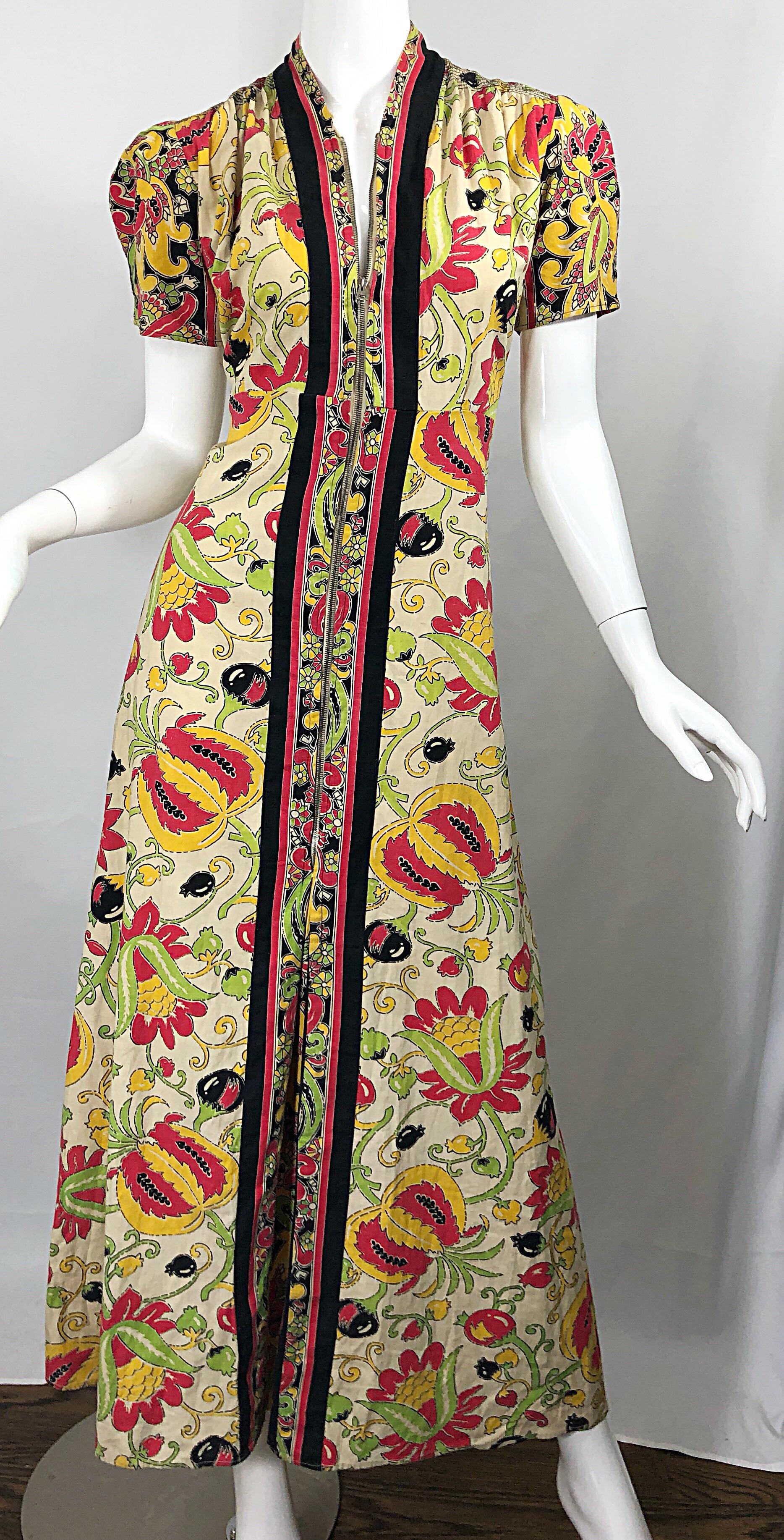 Beige Amazing 1940s Botanical Asian Inspired Paisley Cotton + Linen 40s Maxi Dress For Sale