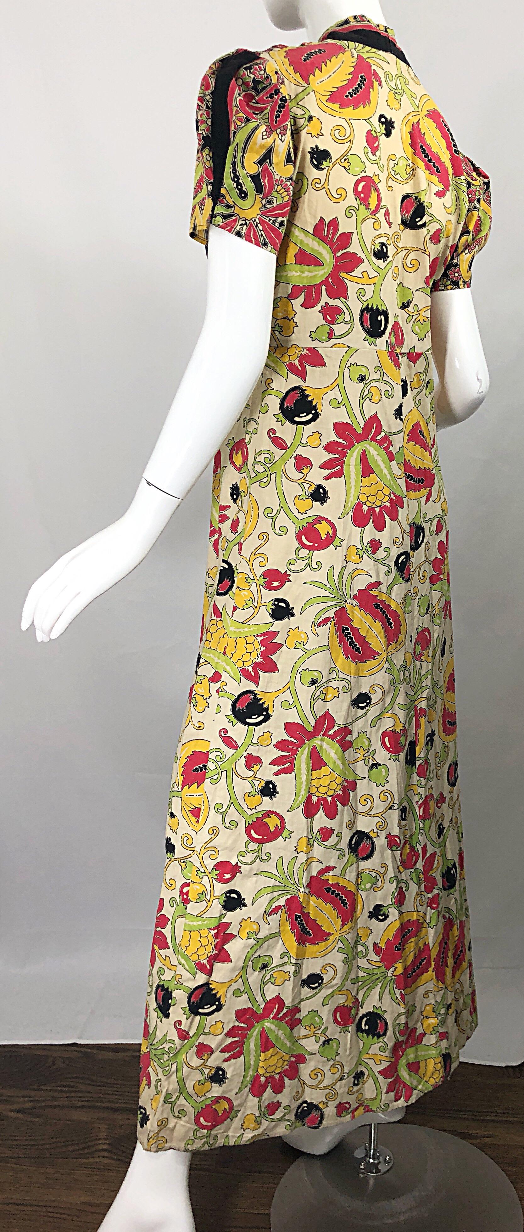 Amazing 1940s Botanical Asian Inspired Paisley Cotton + Linen 40s Maxi Dress In Excellent Condition For Sale In San Diego, CA