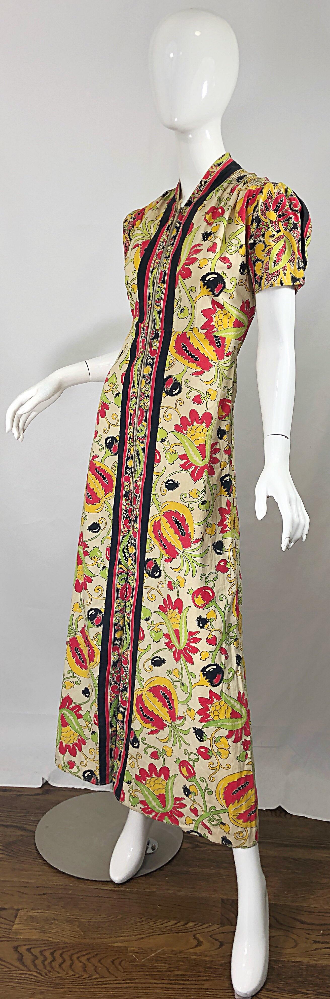 Women's Amazing 1940s Botanical Asian Inspired Paisley Cotton + Linen 40s Maxi Dress For Sale