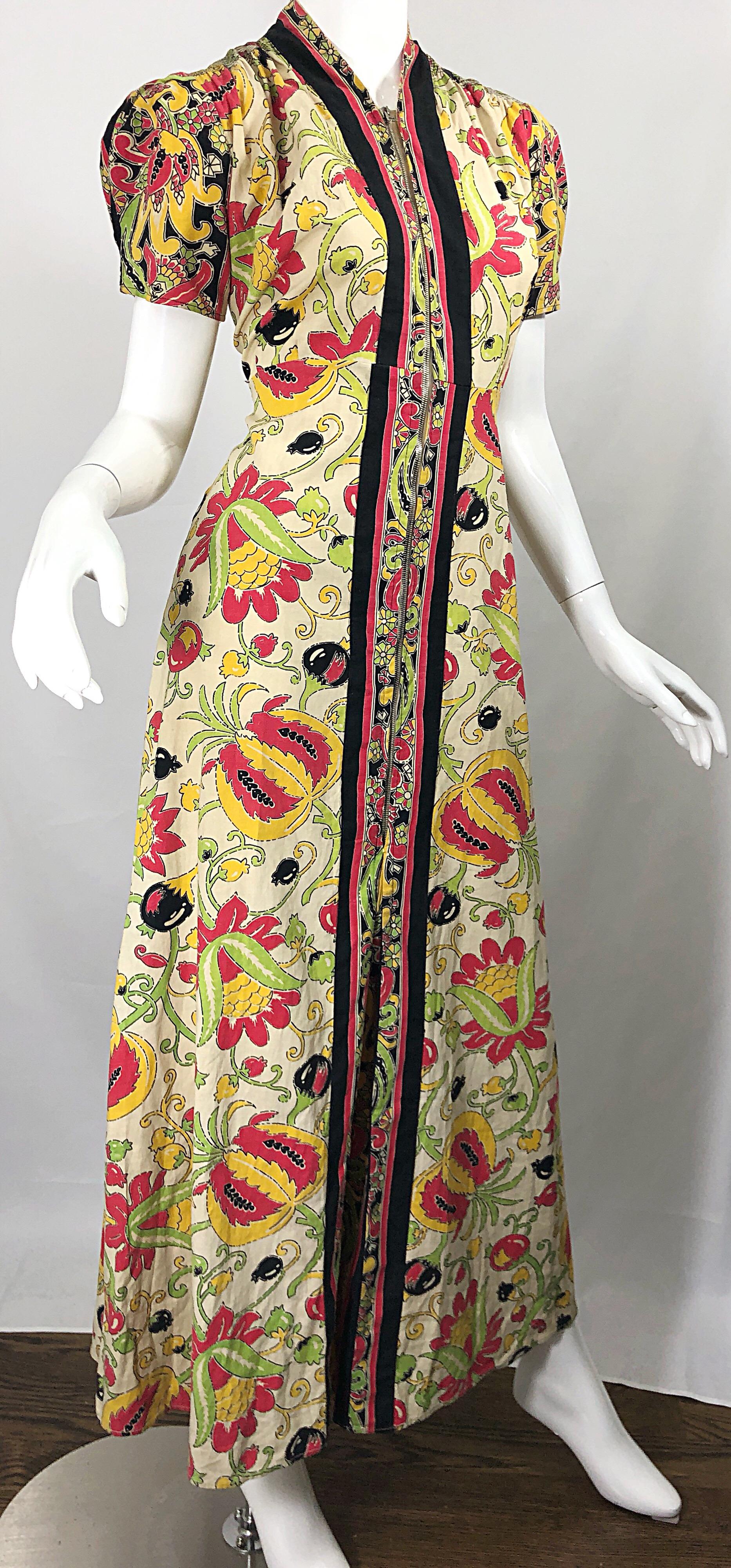Amazing 1940s Botanical Asian Inspired Paisley Cotton + Linen 40s Maxi Dress For Sale 1