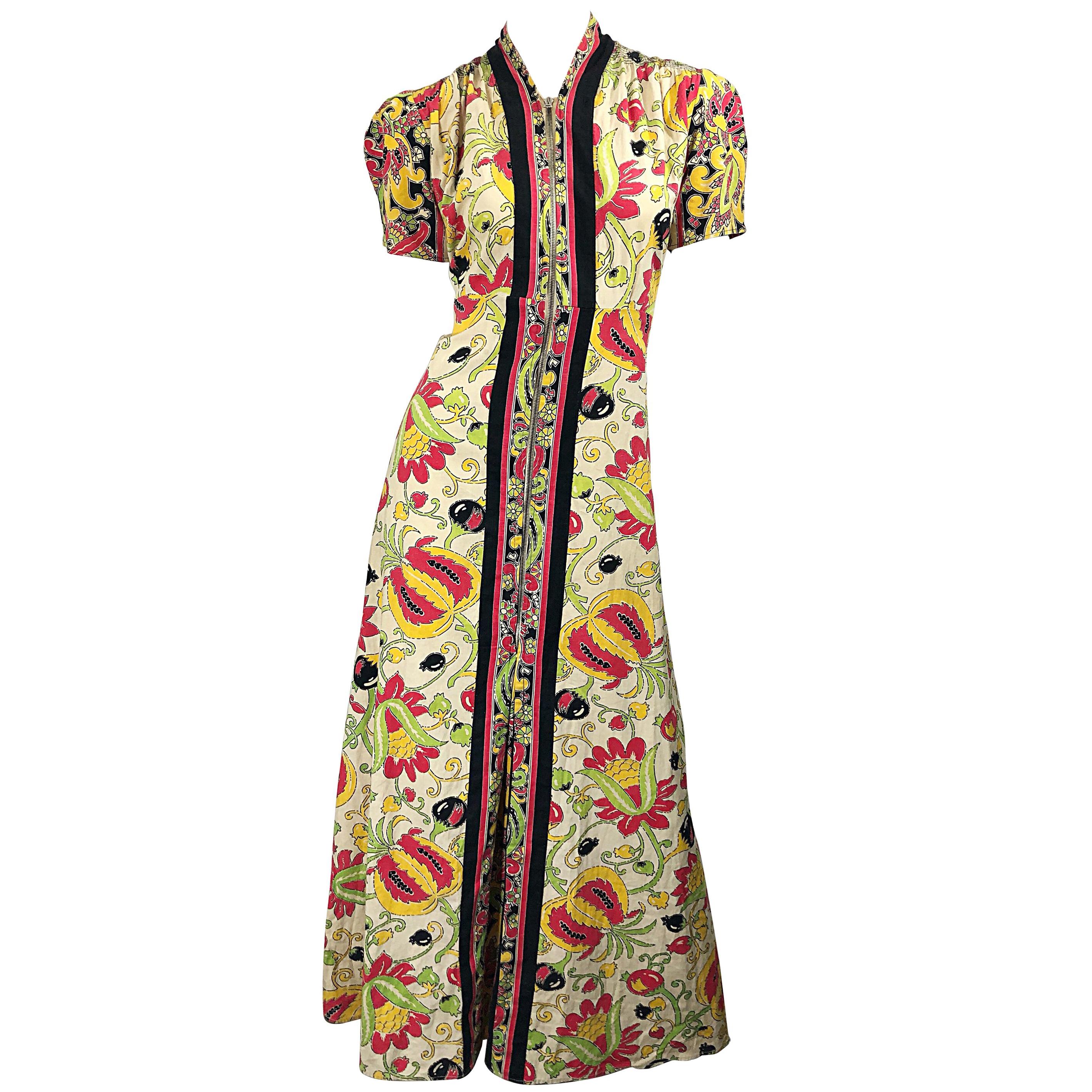 Amazing 1940s Botanical Asian Inspired Paisley Cotton + Linen 40s Maxi Dress For Sale