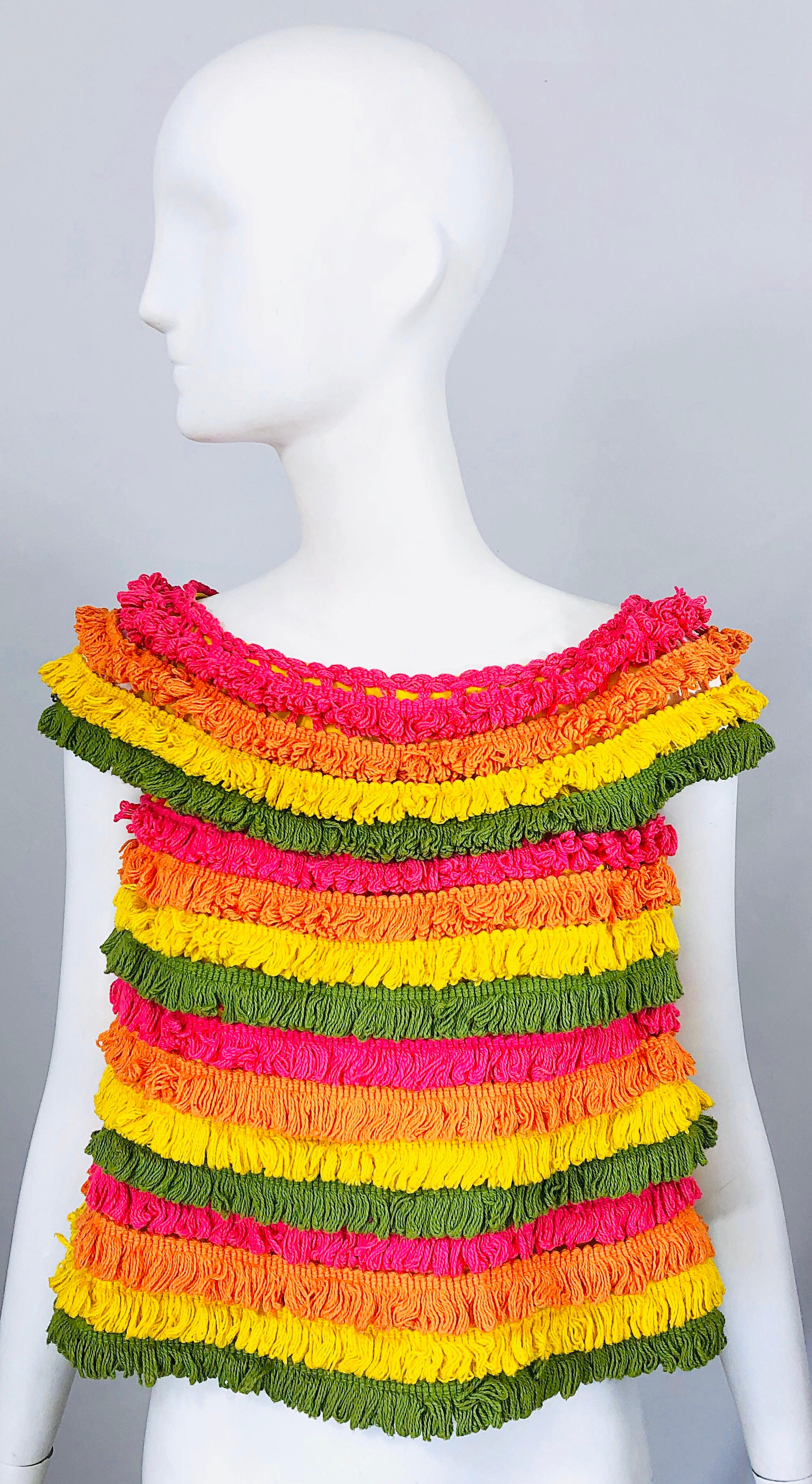 Amazing 1960s Gene Ostrow Fringed Vintage 60s Mod Rainbow Trapeze Crop Top 8