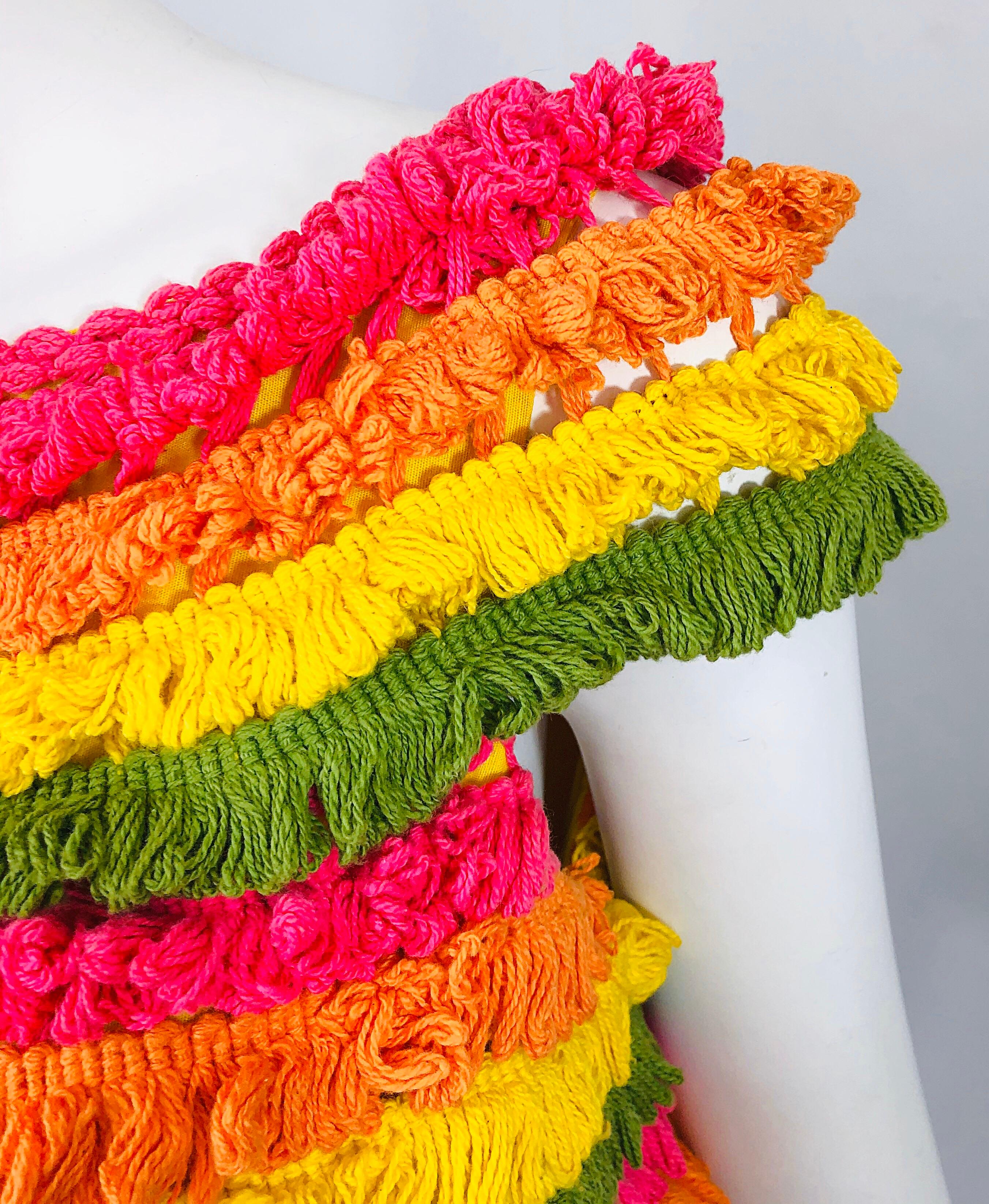 Amazing 1960s Gene Ostrow Fringed Vintage 60s Mod Rainbow Trapeze Crop Top In Excellent Condition In San Diego, CA