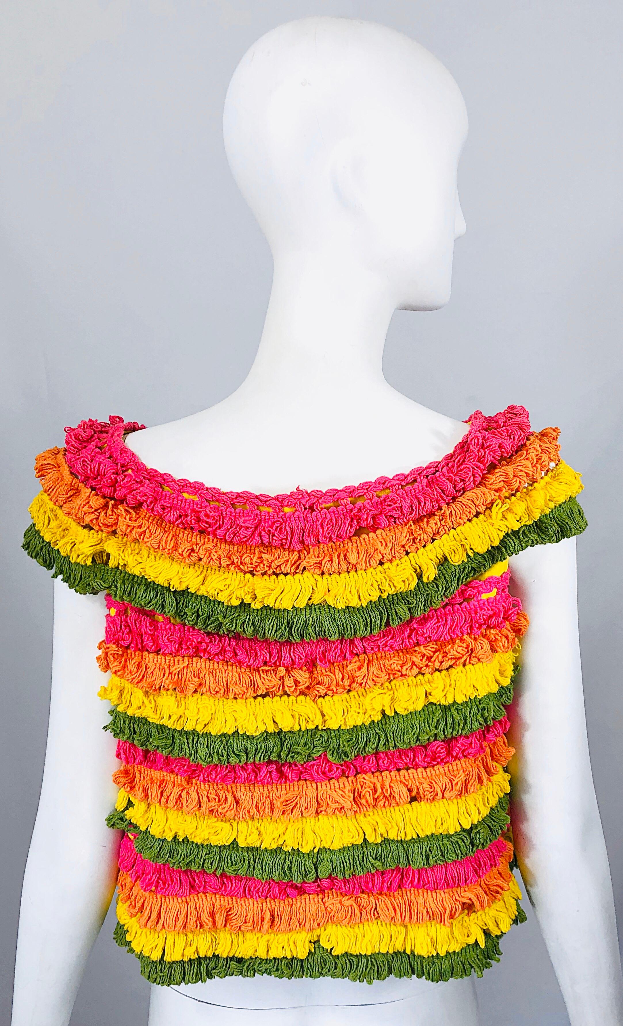 Women's Amazing 1960s Gene Ostrow Fringed Vintage 60s Mod Rainbow Trapeze Crop Top