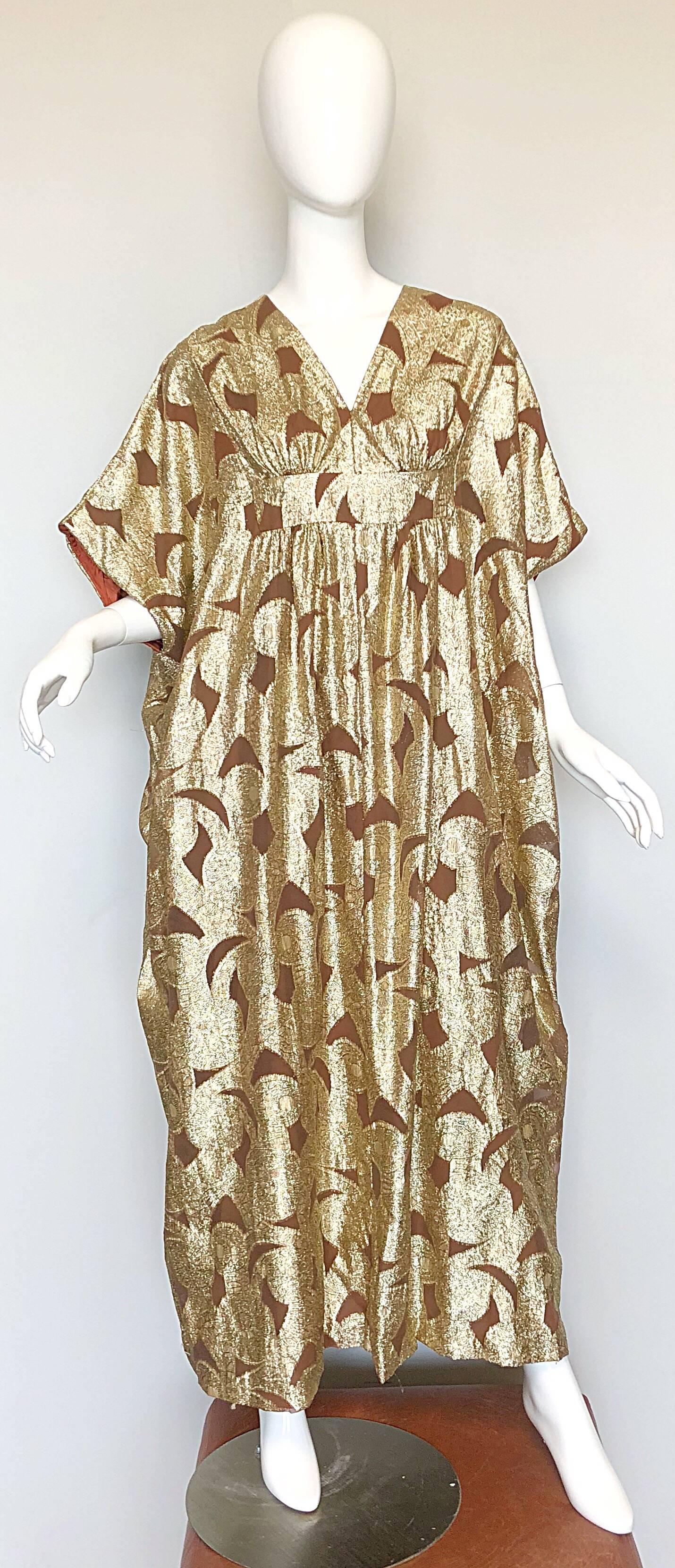 Amazing 1960s Gold + Brown Lurex and Silk Chiffon 60s Metallic Caftan Maxi Dress 6