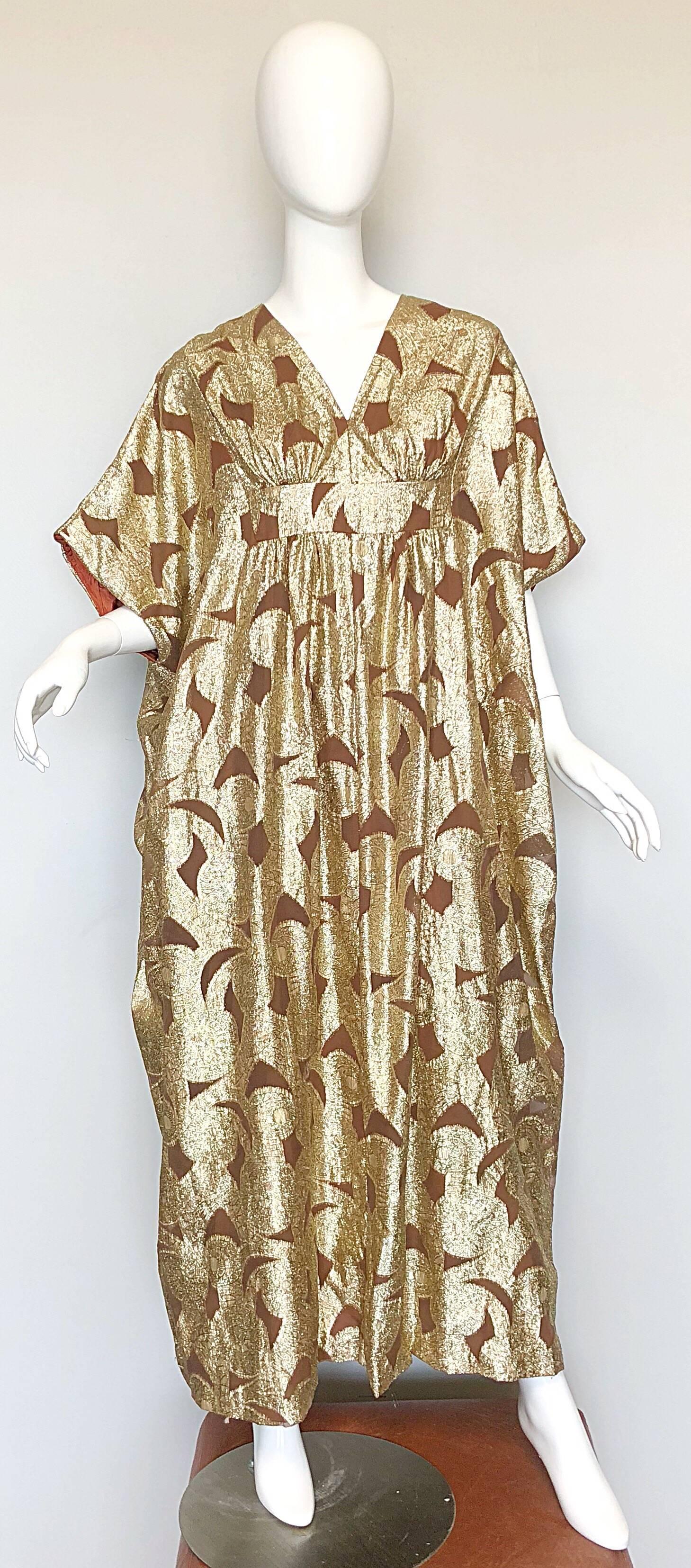 Amazing vintage 1960s gold metallic and taupe brown lurex and chiffon kaftan / maxi dress! Features gold metallic lurex with light brown chiffon abstract inlays. Simply slips over the head, with full metal zipper up the back with hook-and-eye
