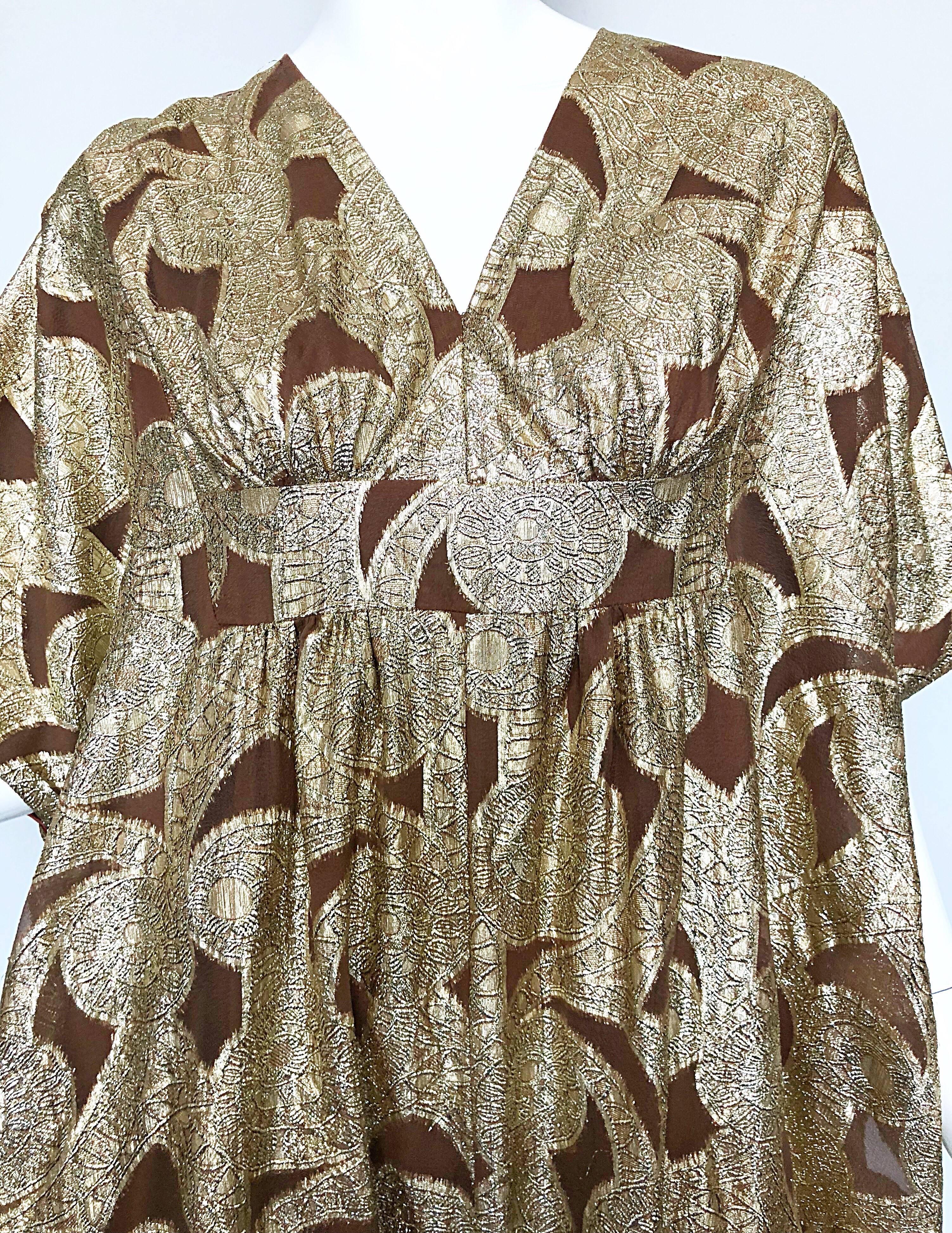 Amazing 1960s Gold + Brown Lurex and Silk Chiffon 60s Metallic Caftan Maxi Dress In Excellent Condition In San Diego, CA