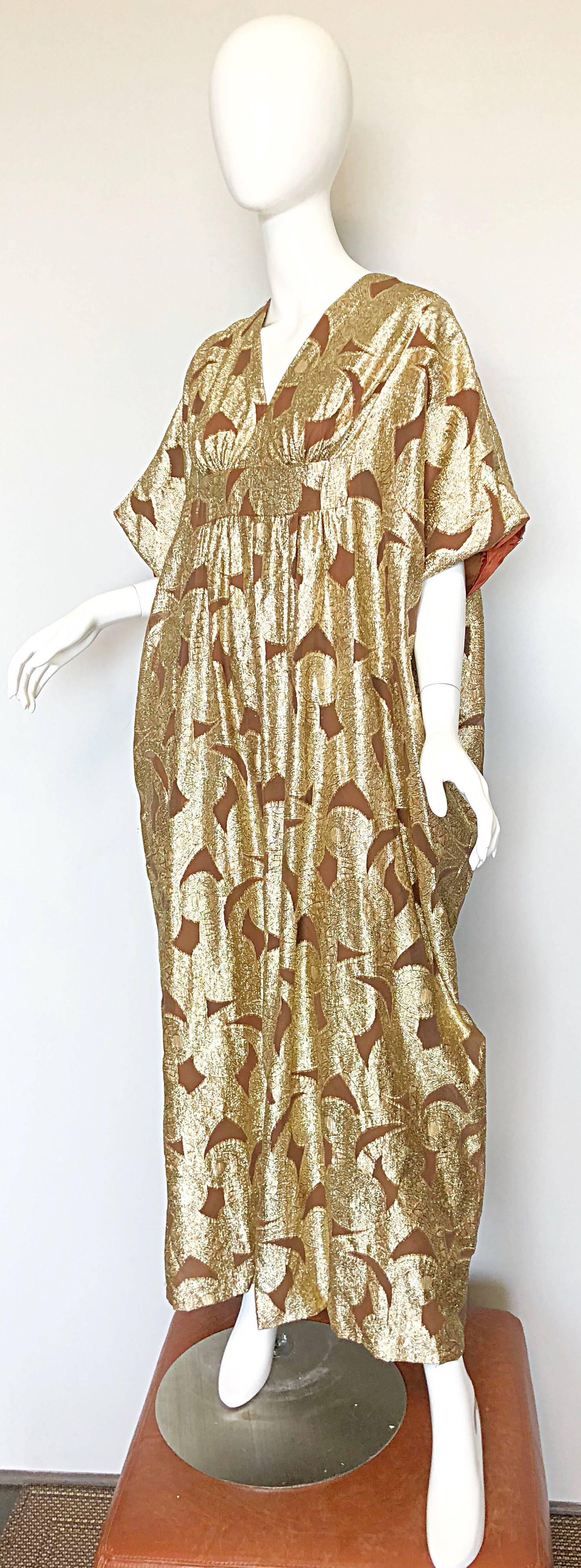 Women's Amazing 1960s Gold + Brown Lurex and Silk Chiffon 60s Metallic Caftan Maxi Dress