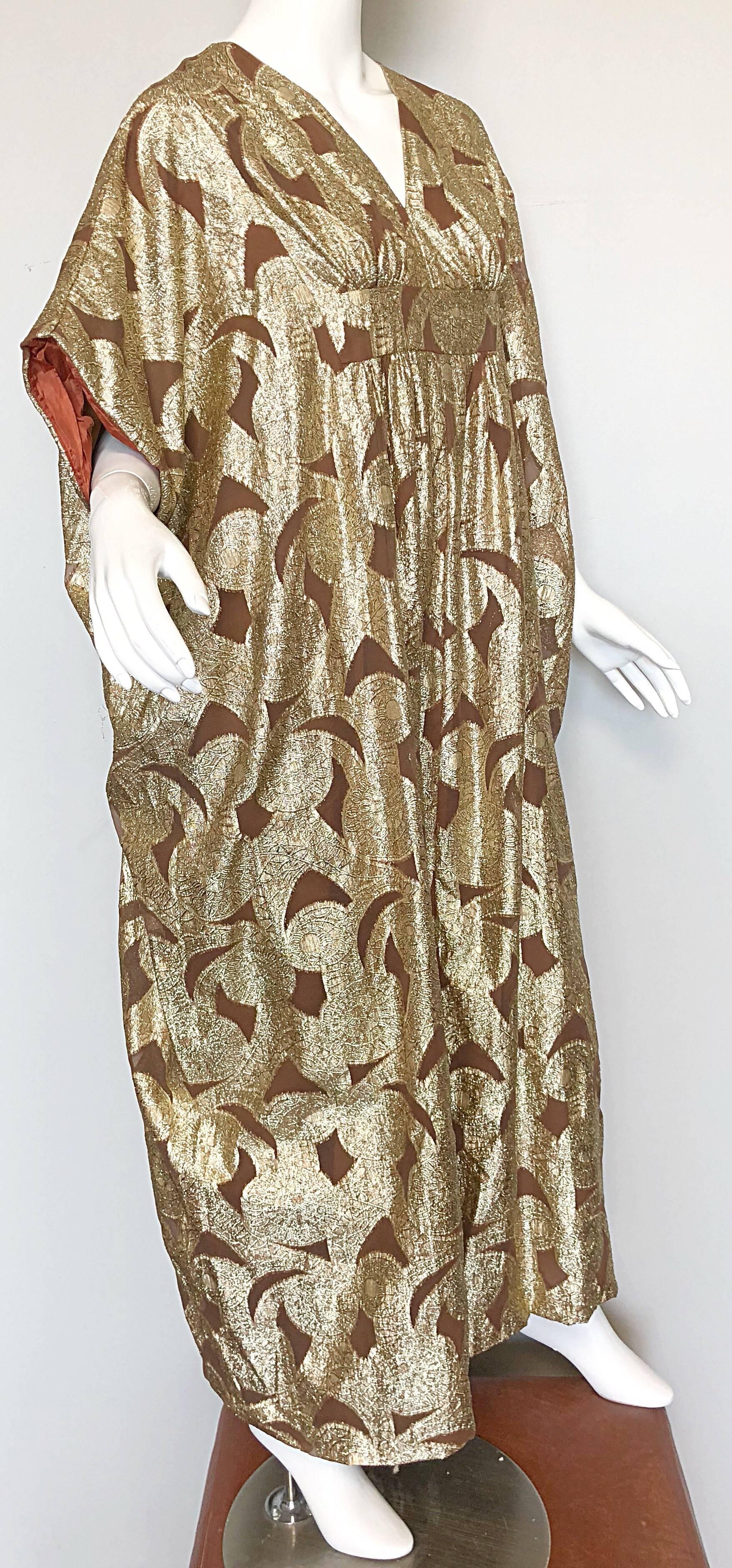 Amazing 1960s Gold + Brown Lurex and Silk Chiffon 60s Metallic Caftan Maxi Dress 1