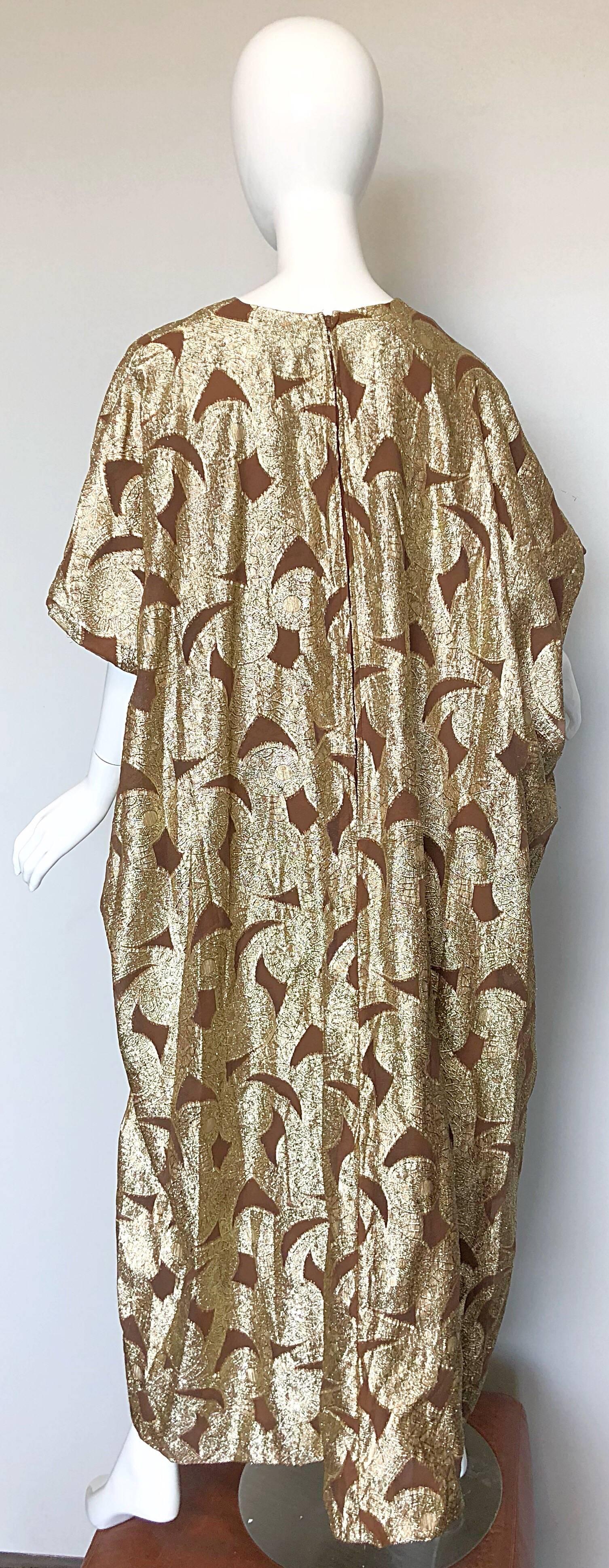 Amazing 1960s Gold + Brown Lurex and Silk Chiffon 60s Metallic Caftan Maxi Dress 2