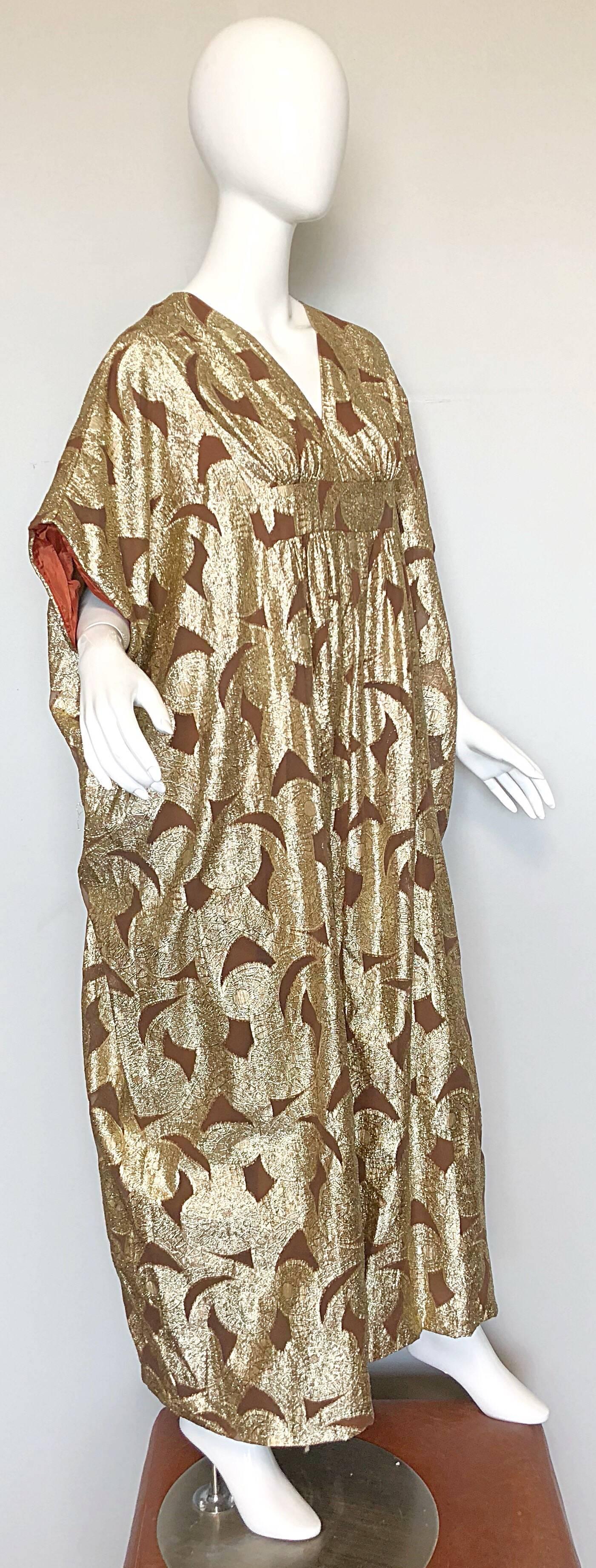 Amazing 1960s Gold + Brown Lurex and Silk Chiffon 60s Metallic Caftan Maxi Dress 3