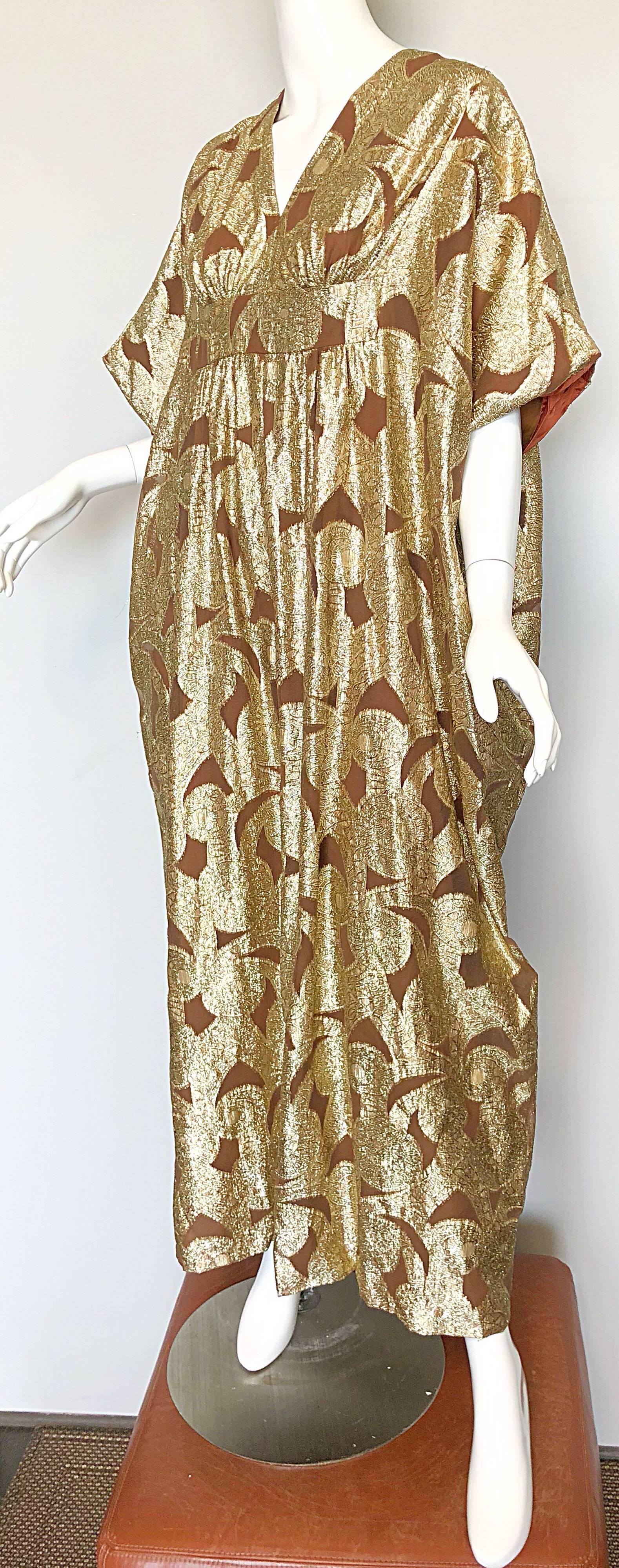 Amazing 1960s Gold + Brown Lurex and Silk Chiffon 60s Metallic Caftan Maxi Dress 4