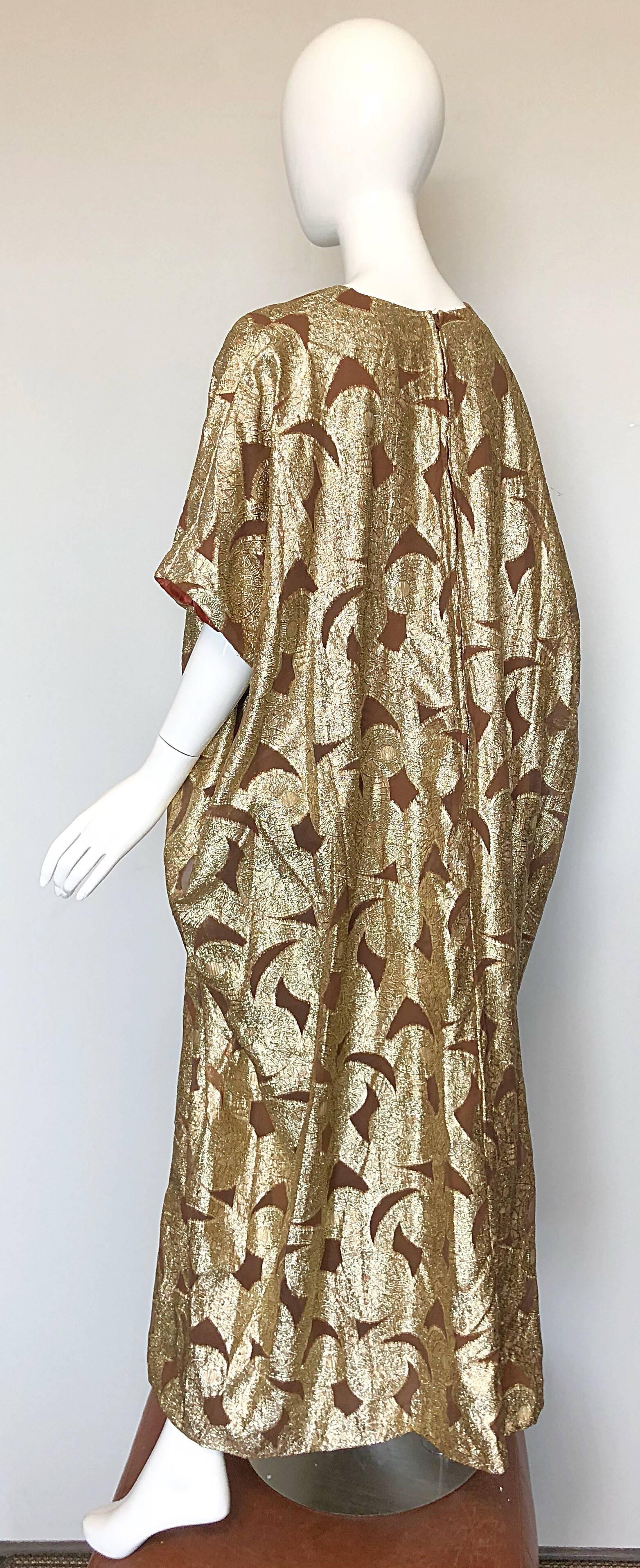 Amazing 1960s Gold + Brown Lurex and Silk Chiffon 60s Metallic Caftan Maxi Dress 5