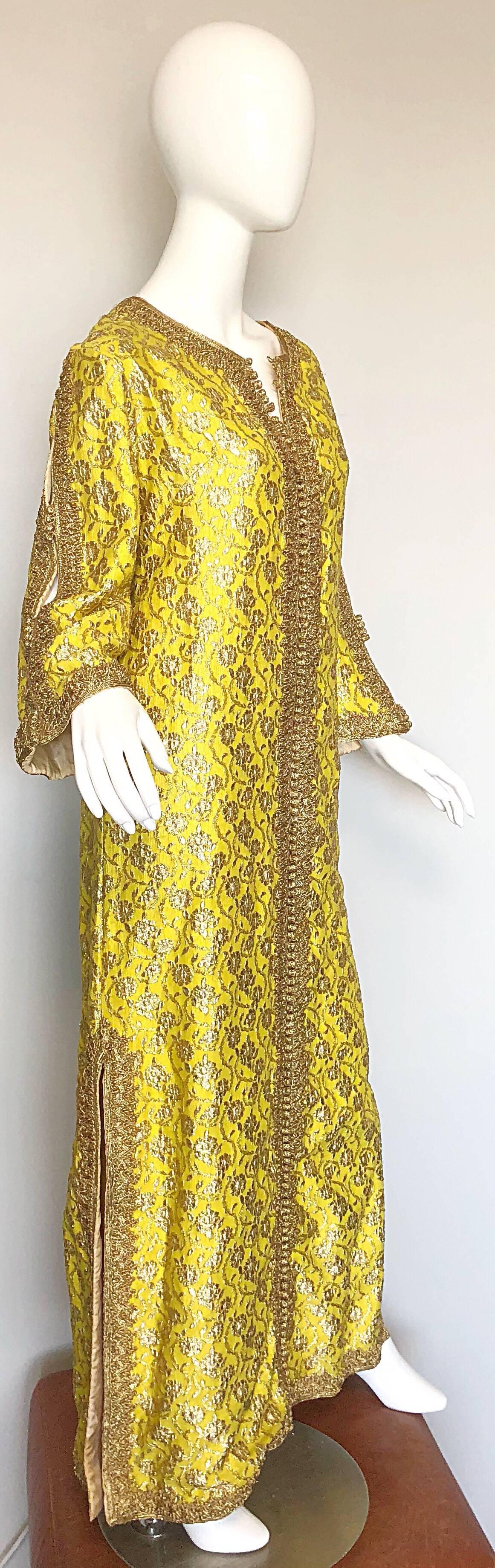 Brown Amazing 1960s Moroccan Couture Silk Brocade Yellow + Gold Caftan 60s Maxi Dress