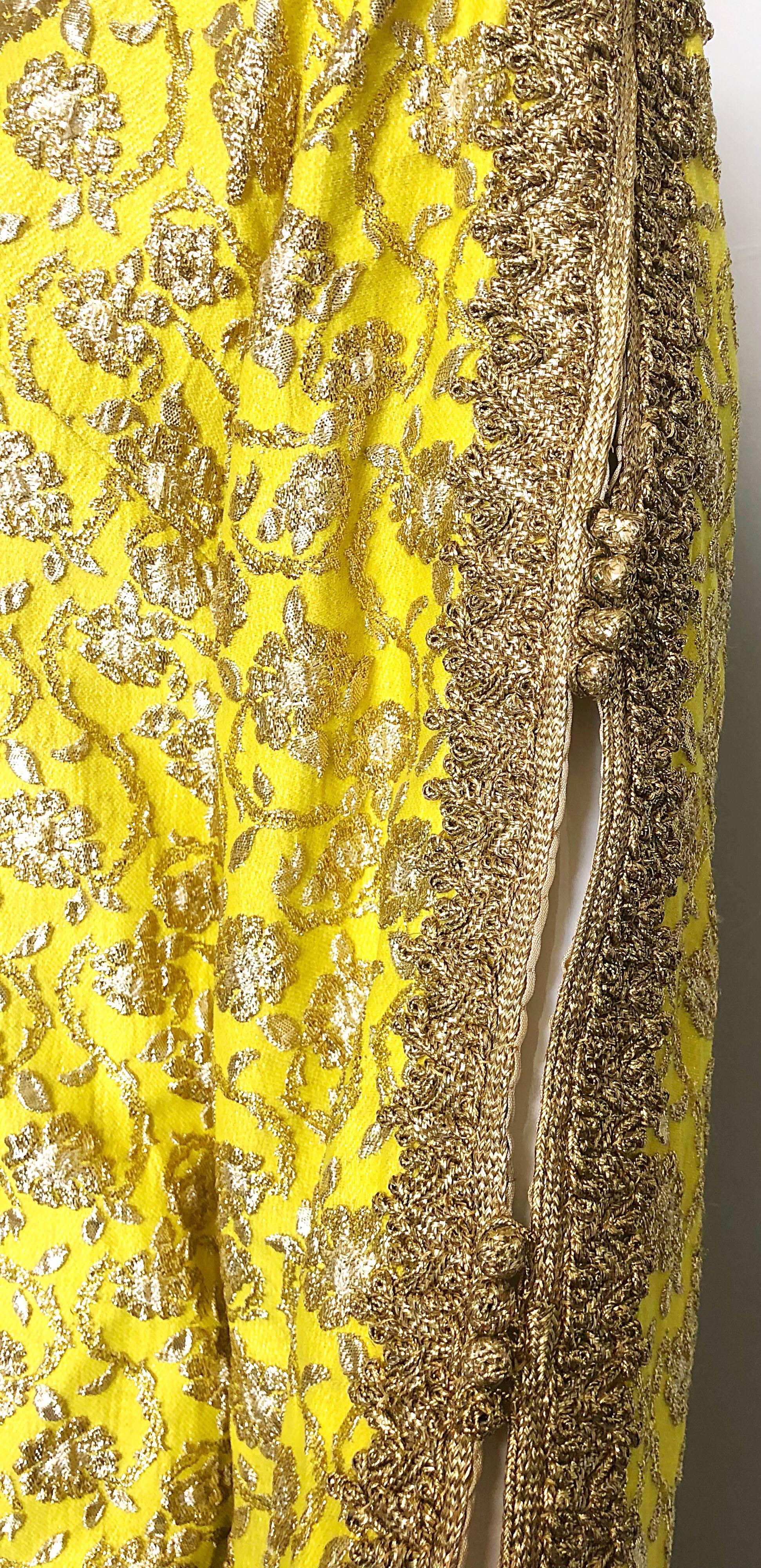 Women's Amazing 1960s Moroccan Couture Silk Brocade Yellow + Gold Caftan 60s Maxi Dress