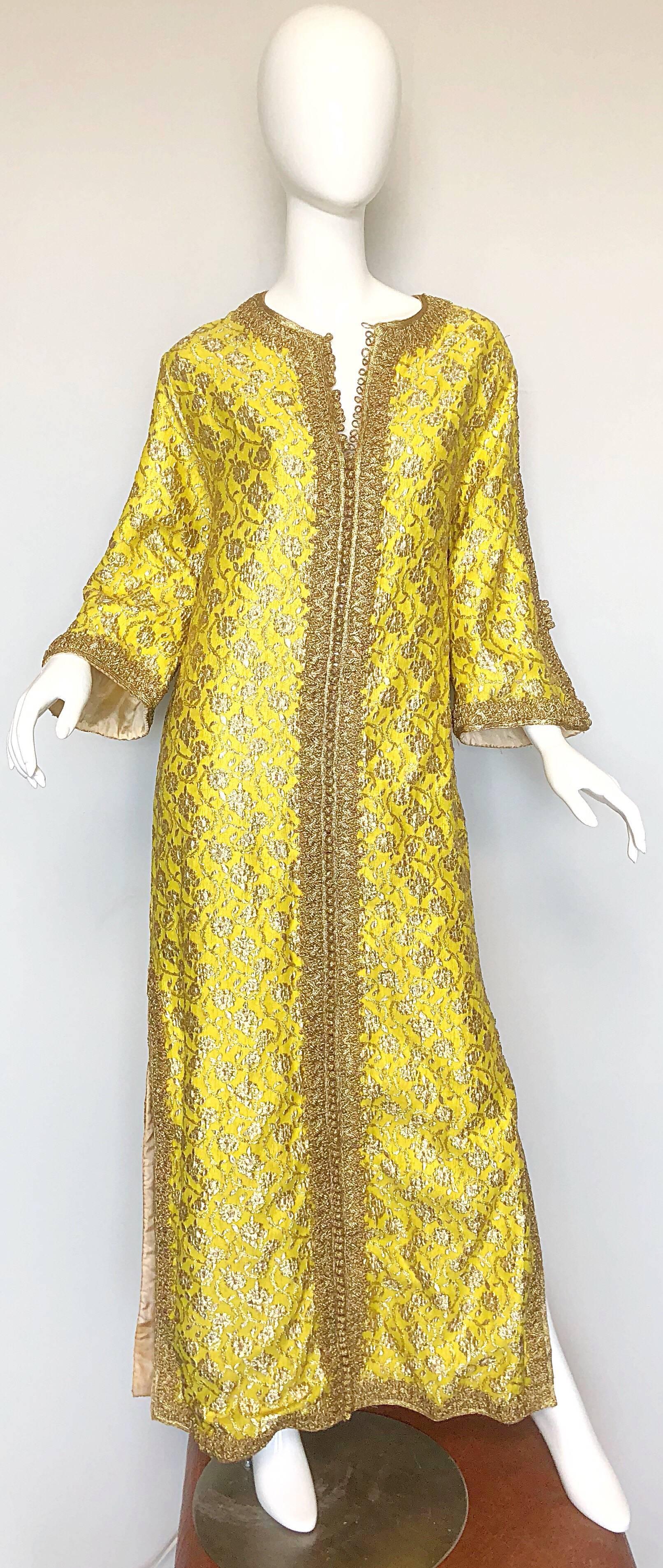 Amazing 1960s Moroccan Couture Silk Brocade Yellow + Gold Caftan 60s Maxi Dress 1