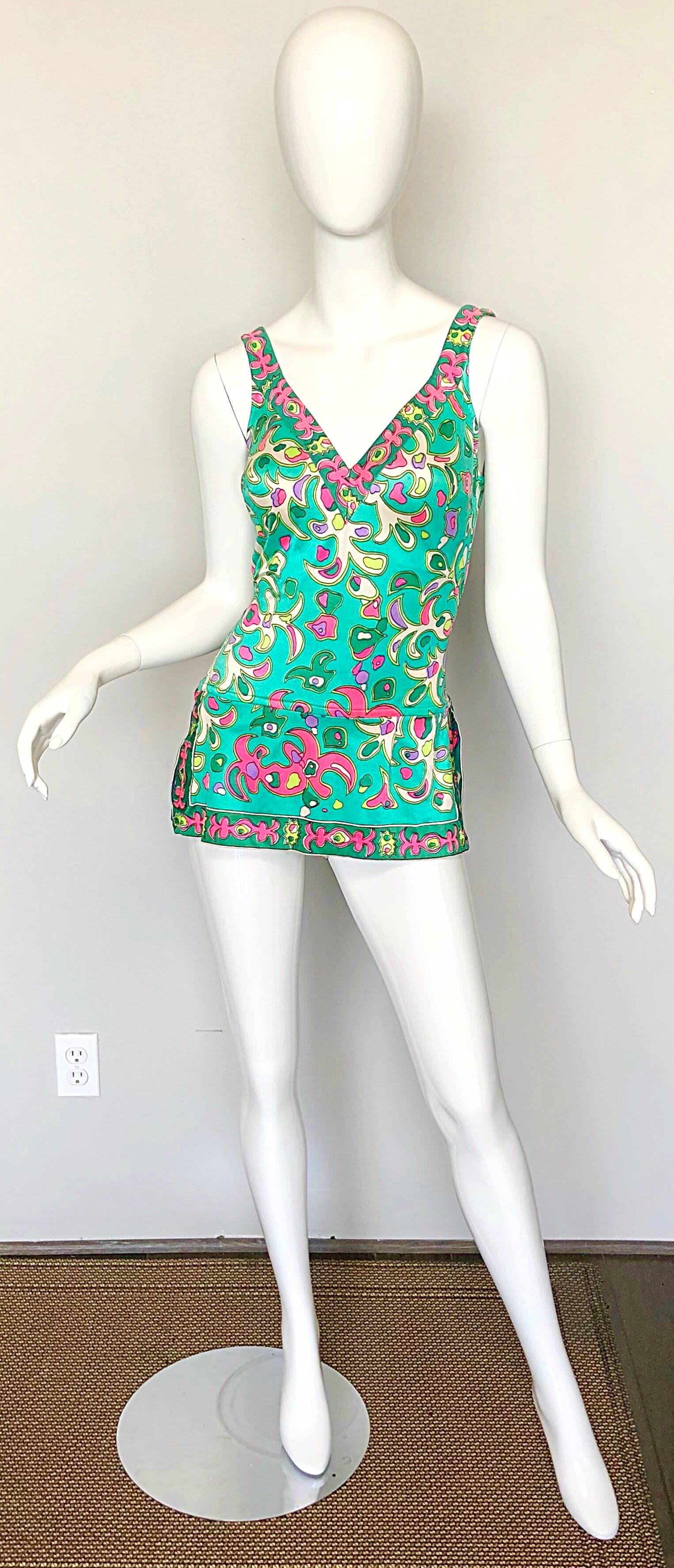 Amazing 1960s Pink + Green One Piece Vintage 60s Romper Green + Pink Swimsuit For Sale 2