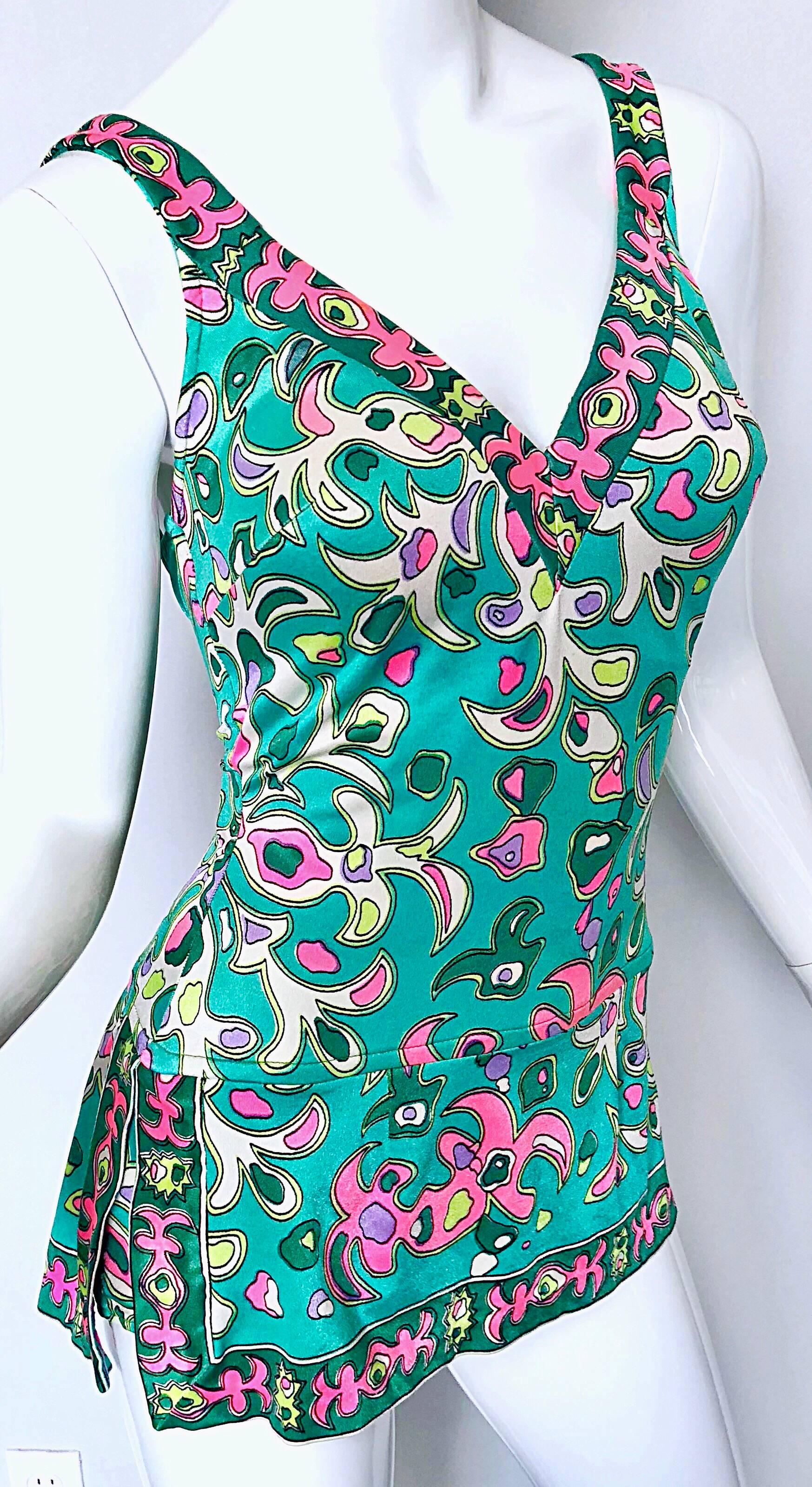 Blue Amazing 1960s Pink + Green One Piece Vintage 60s Romper Green + Pink Swimsuit For Sale