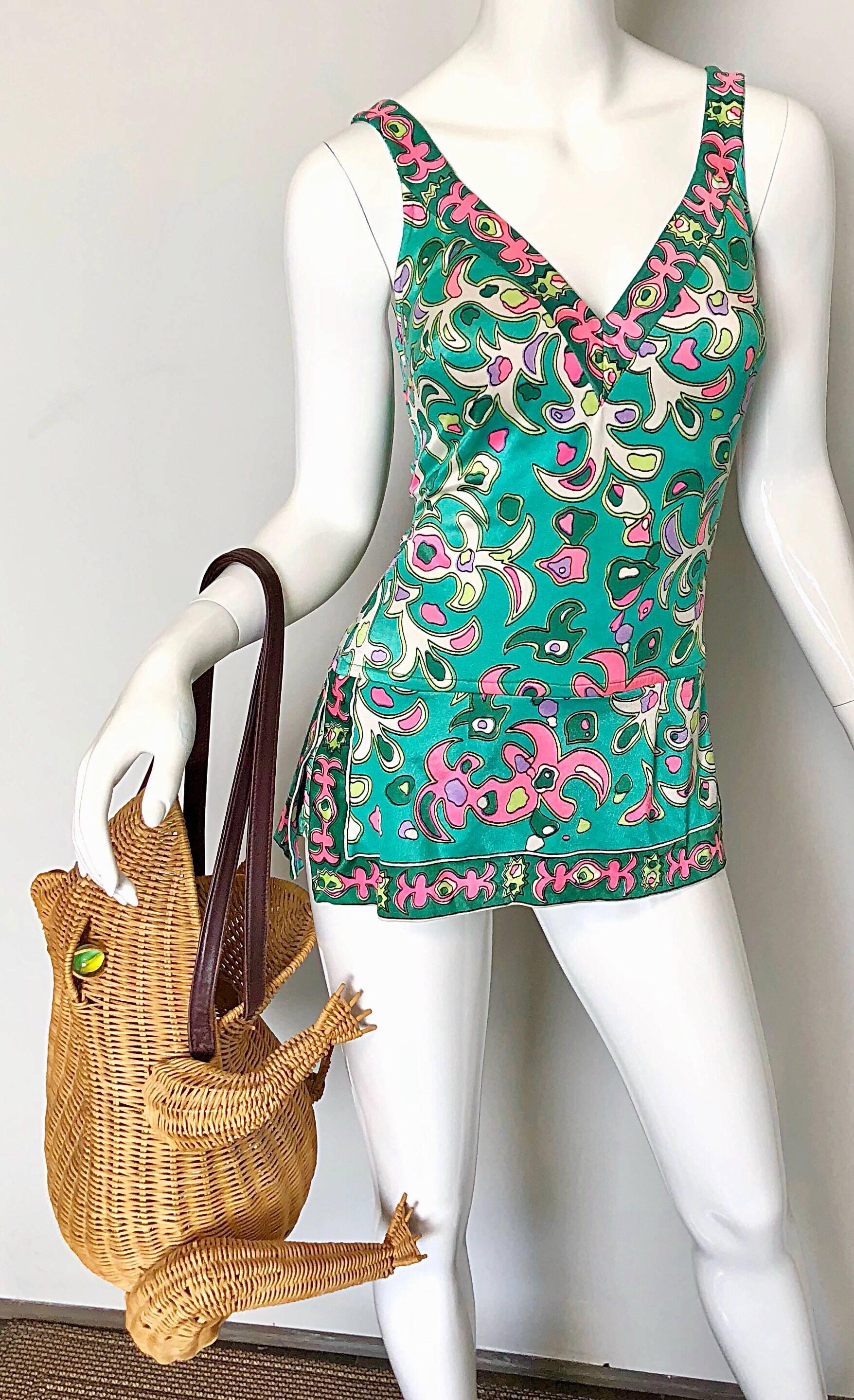 Amazing 1960s Pink + Green One Piece Vintage 60s Romper Green + Pink Swimsuit In Excellent Condition For Sale In San Diego, CA