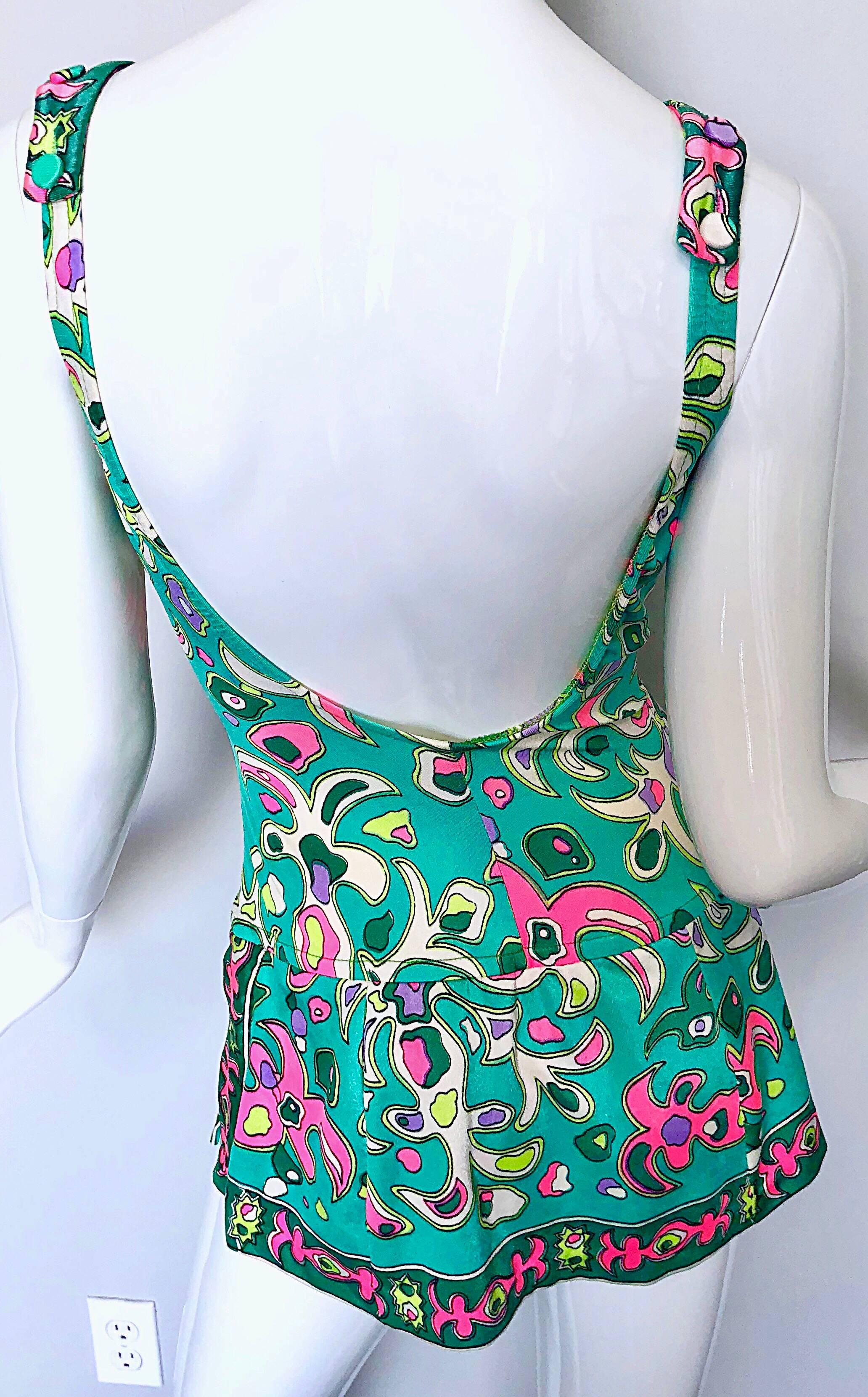 Women's Amazing 1960s Pink + Green One Piece Vintage 60s Romper Green + Pink Swimsuit For Sale