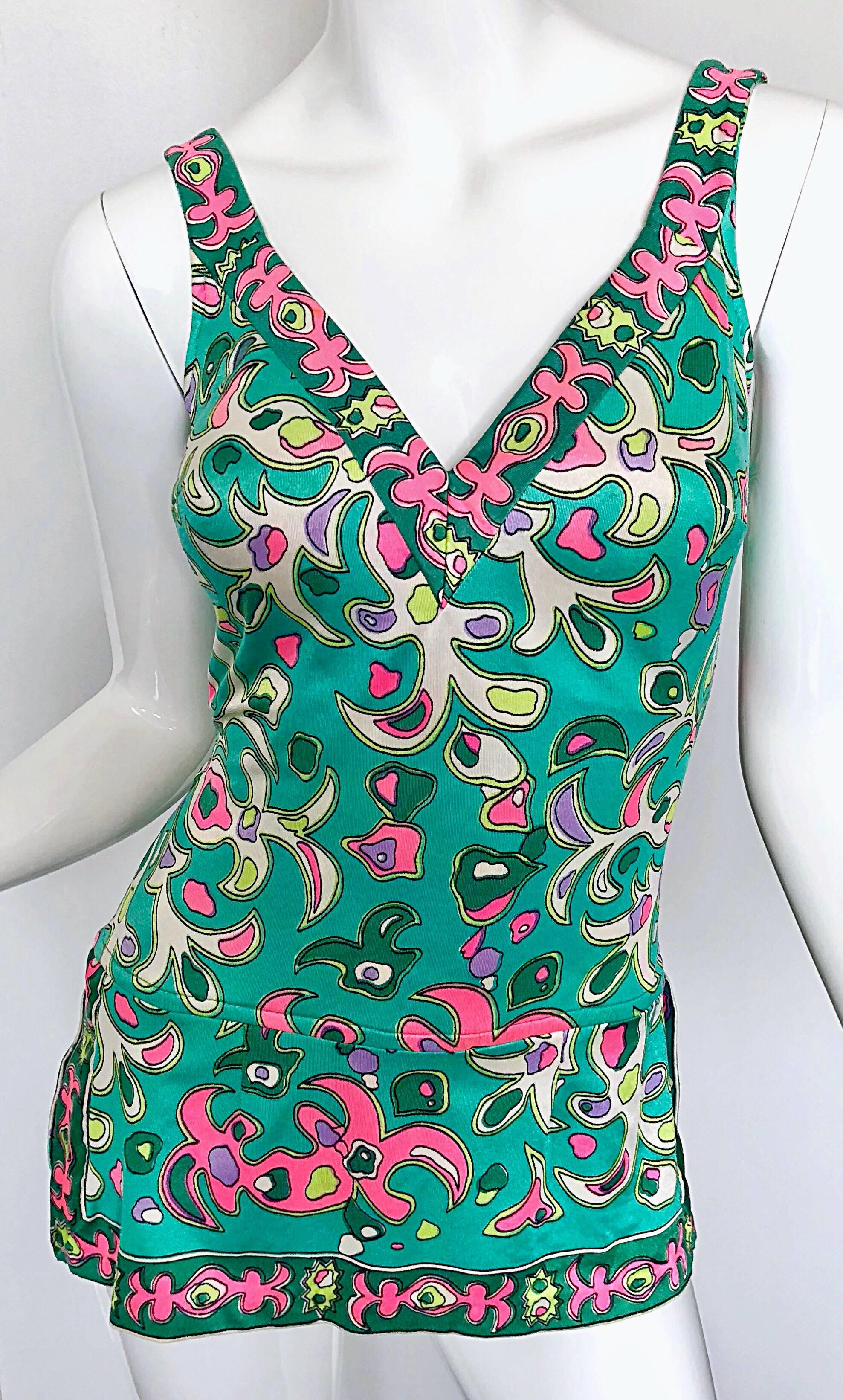 Amazing 1960s Pink + Green One Piece Vintage 60s Romper Green + Pink Swimsuit For Sale 1