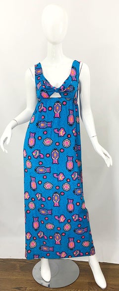 Amazing 1970s Aztec Abstract Print Cerulean Blue Cut Out Vintage 70s Maxi Dress