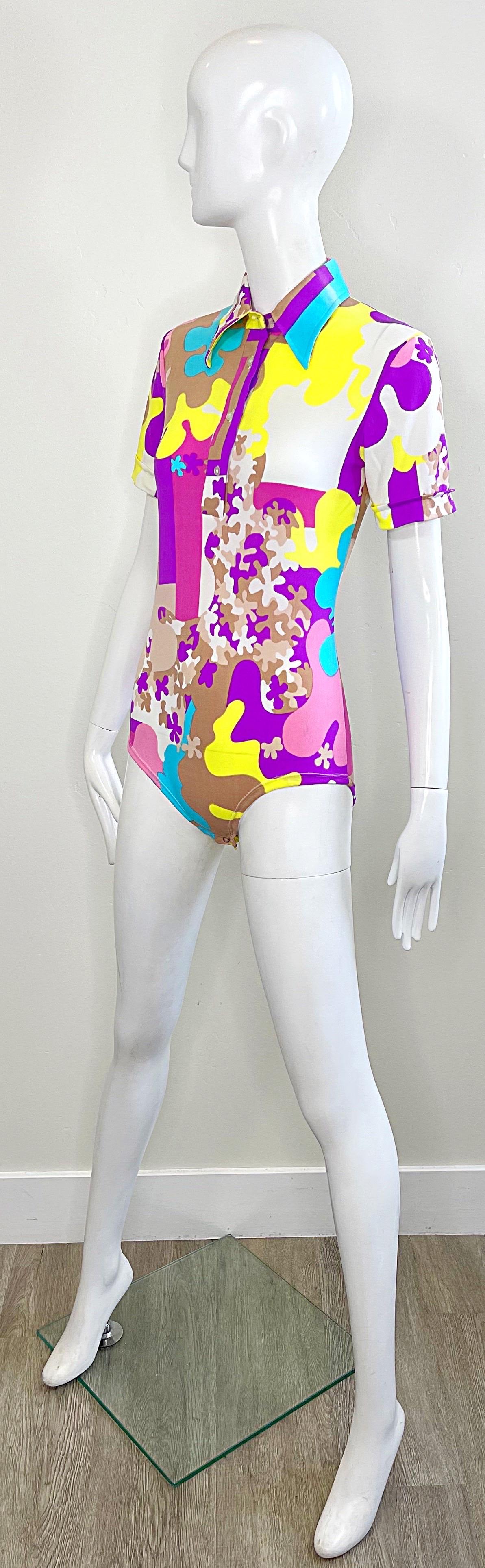 Amazing 1970s Bright Colored Novelty Puzzle Print One Piece Vintage 70s Bodysuit For Sale 6